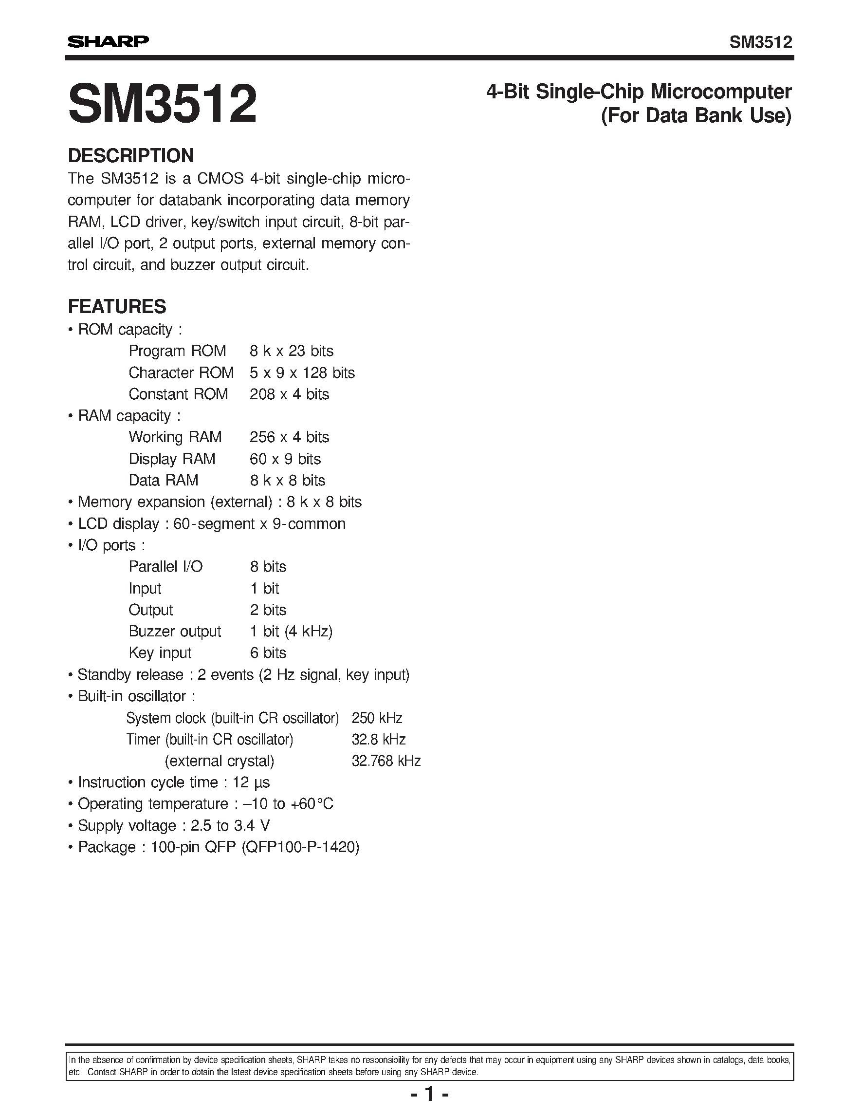 Даташит SM3512 - 4-Bit Single-Chip Microcomputer(For Data Bank Use) страница 1
