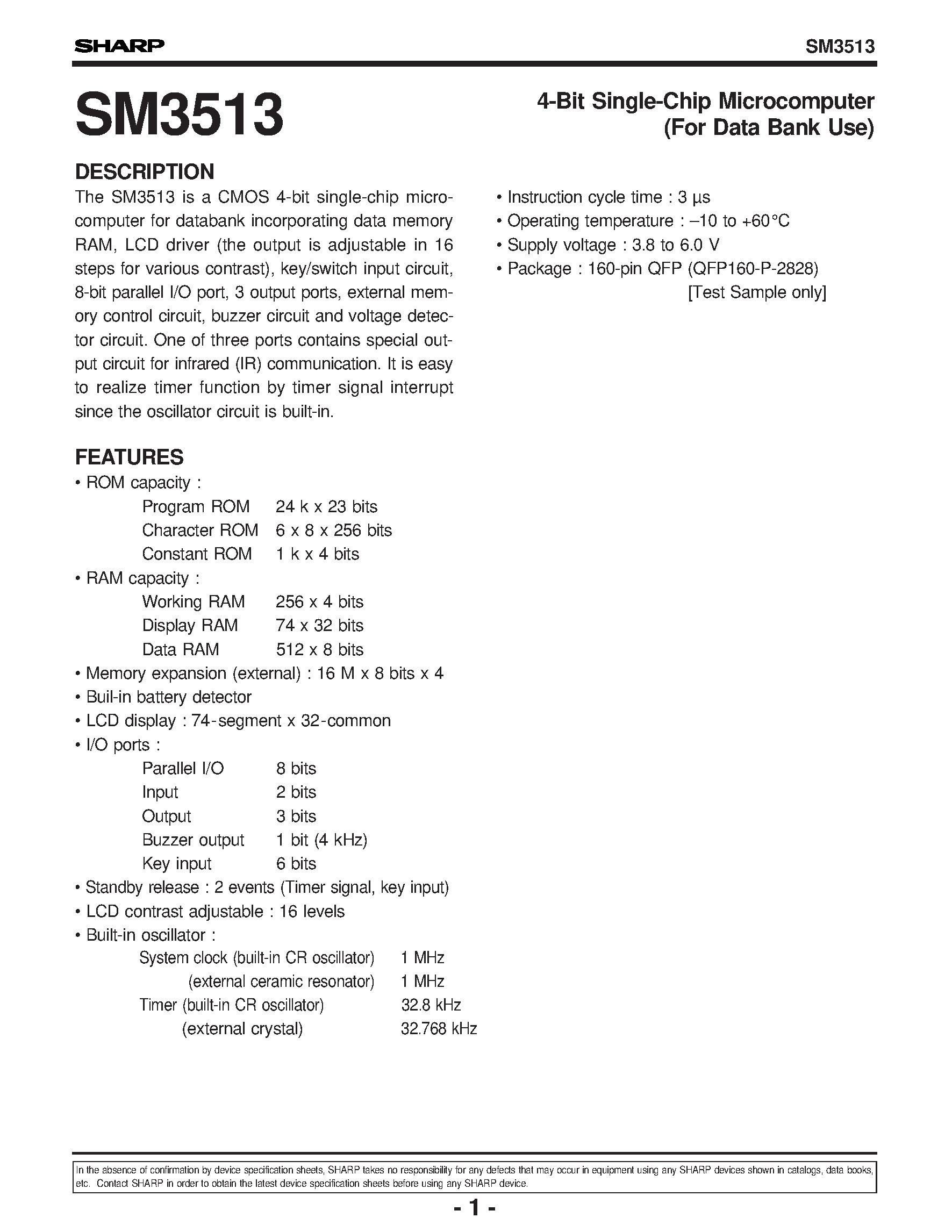 Даташит на микросхему SM3513 страница 1 Даташит SM3513 - 4-Bit Single-Chip Microcomputer(For Data Bank Use) страница 1