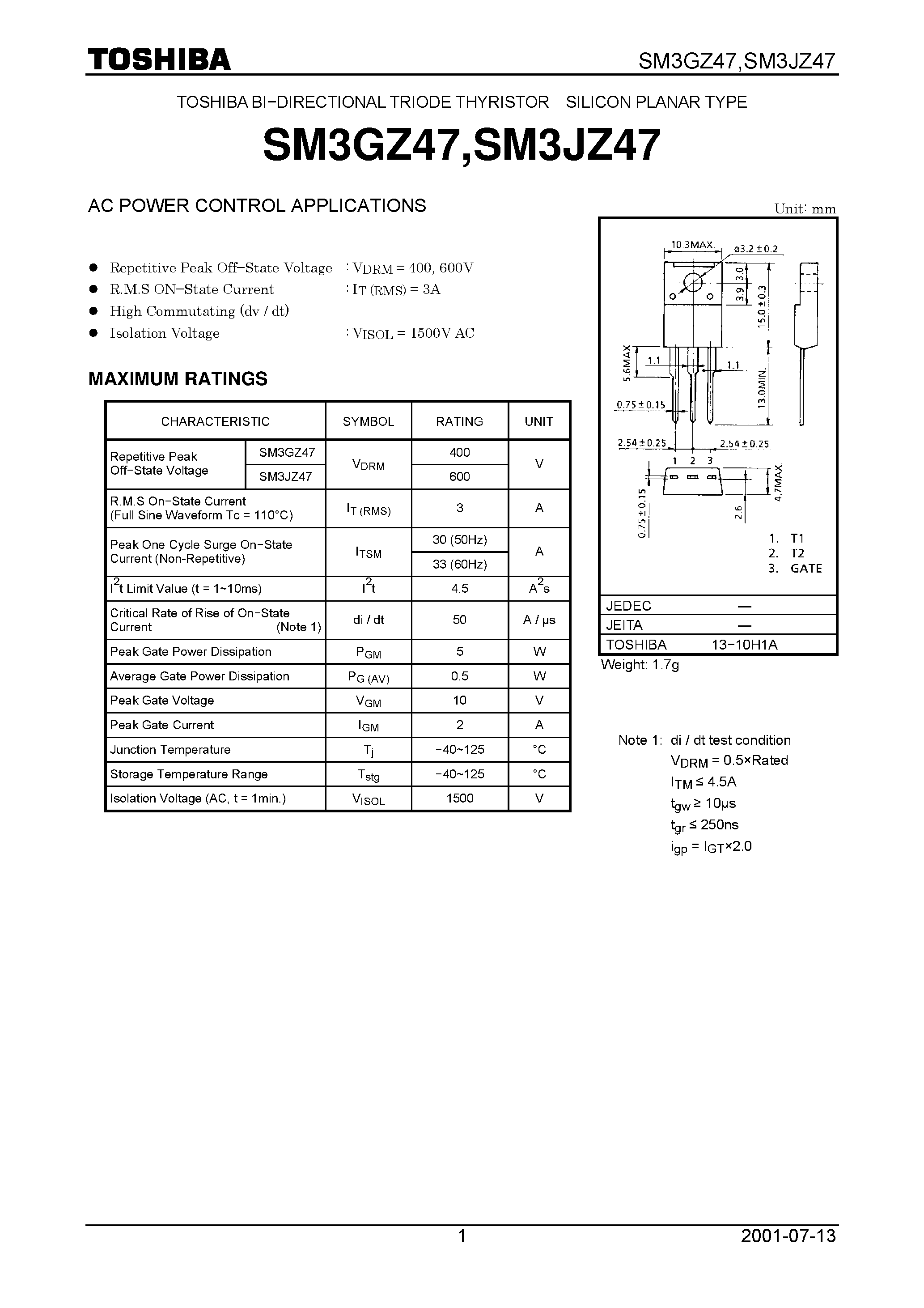 Datasheet SM3GZ47 page 1 Datasheet SM3GZ47 - TOSHIBA BI−DIRECTIONAL TRIODE THYRISTOR SILICON PLANAR TYPE page 1