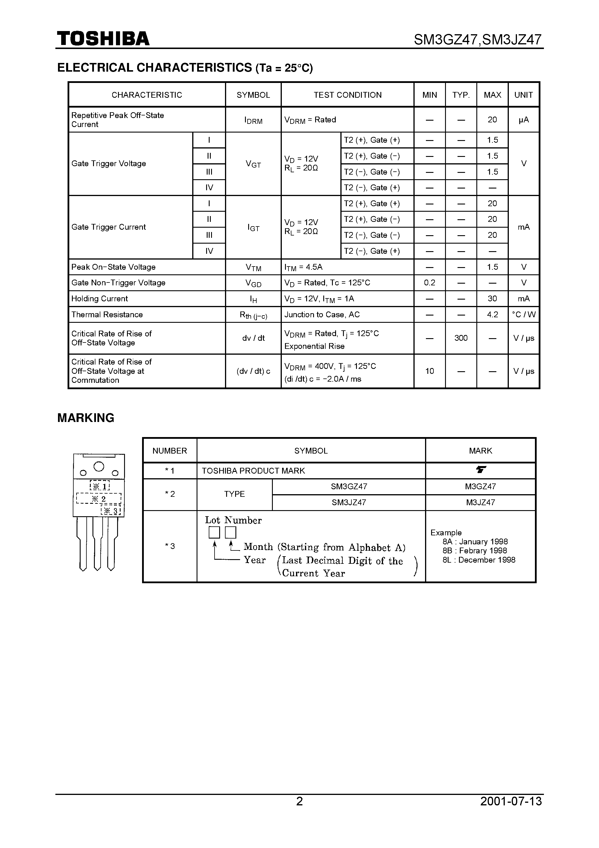 Datasheet SM3GZ47 page 2 Datasheet SM3GZ47 - TOSHIBA BI−DIRECTIONAL TRIODE THYRISTOR SILICON PLANAR TYPE page 2