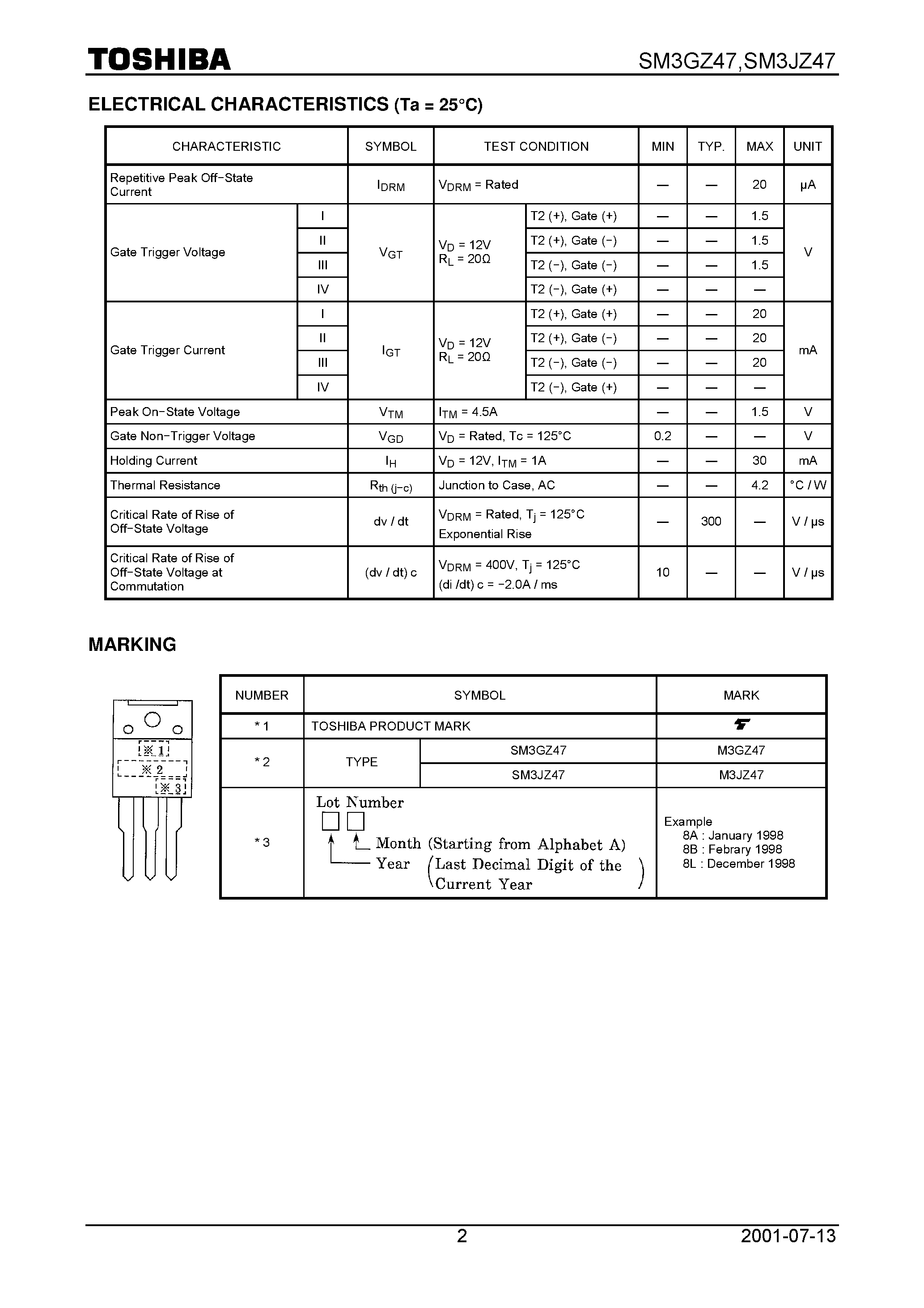Даташит SM3GZ47 - TOSHIBA BI&#8722;DIRECTIONAL TRIODE THYRISTOR SILICON PLANAR TYPE страница 2