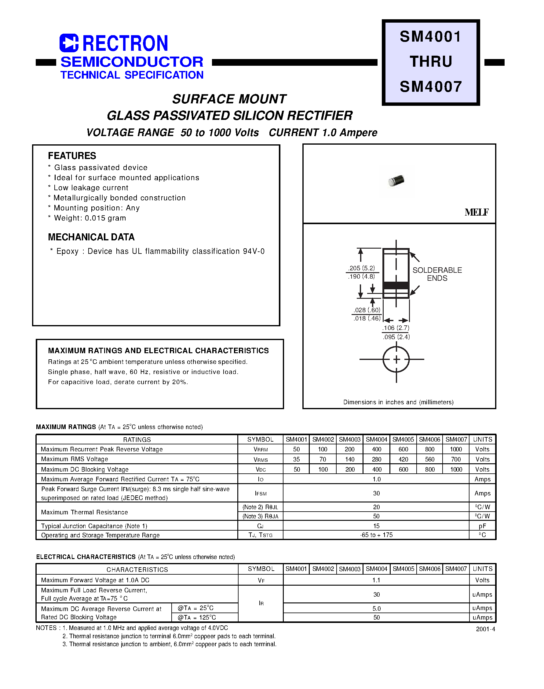 Даташит на микросхему SM4001 страница 1 Даташит SM4001 - SURFACE MOUNT GLASS PASSIVATED SILICON RECTIFIER (VOLTAGE RANGE 50 to 1000 Volts CURRENT 1.0 Ampere) страница 1