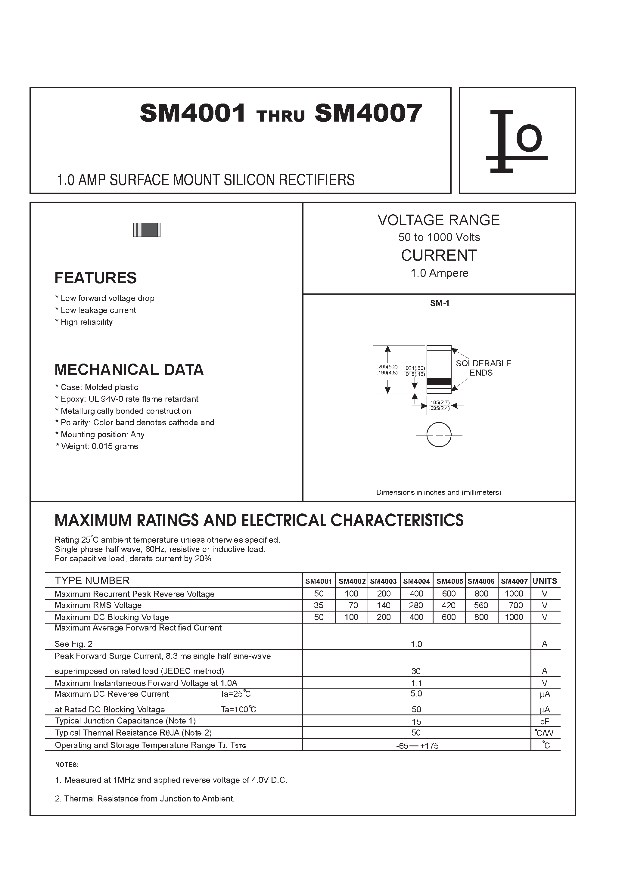 Даташит на микросхему SM4002 страница 1 Даташит SM4002 - 1.0 AMP SURFACE MOUNT SILICON RECTIFIERS страница 1