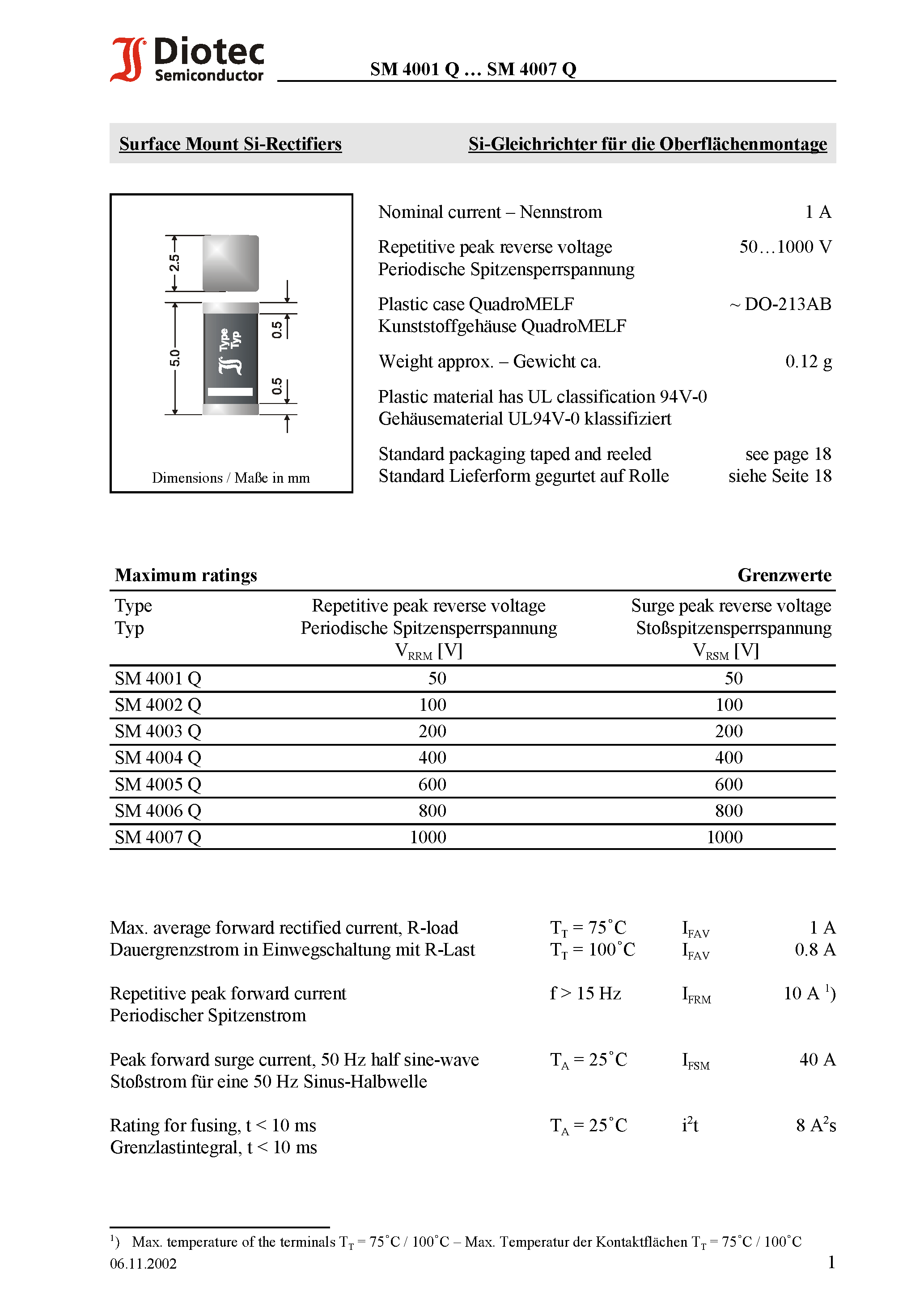 Даташит на микросхему SM4002Q страница 1 Даташит SM4002Q - Surface Mount Si-Rectifiers страница 1