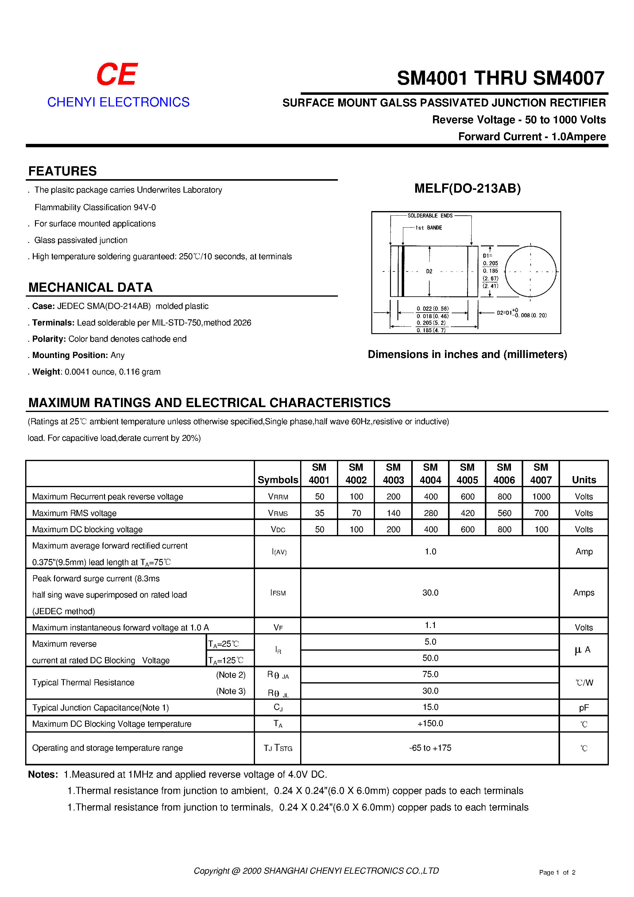 Даташит на микросхему SM4005 страница 1 Даташит SM4005 - SURFACE MOUNT GALSS PASSIVATED JUNCTION RECTIFIER страница 1