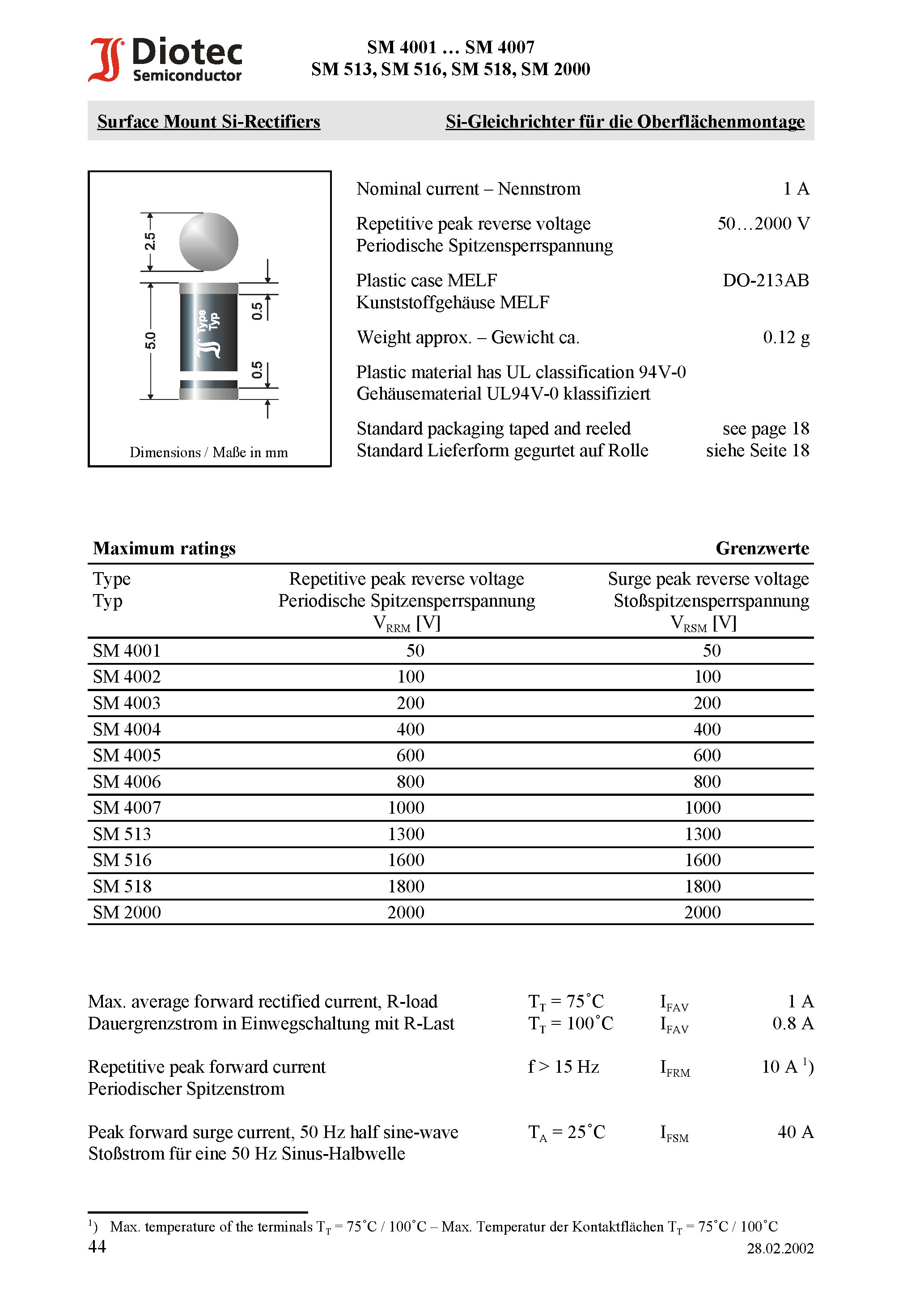 Datasheet SM4007 page 1 Datasheet SM4007 - Surface Mount Si-Rectifiers page 1
