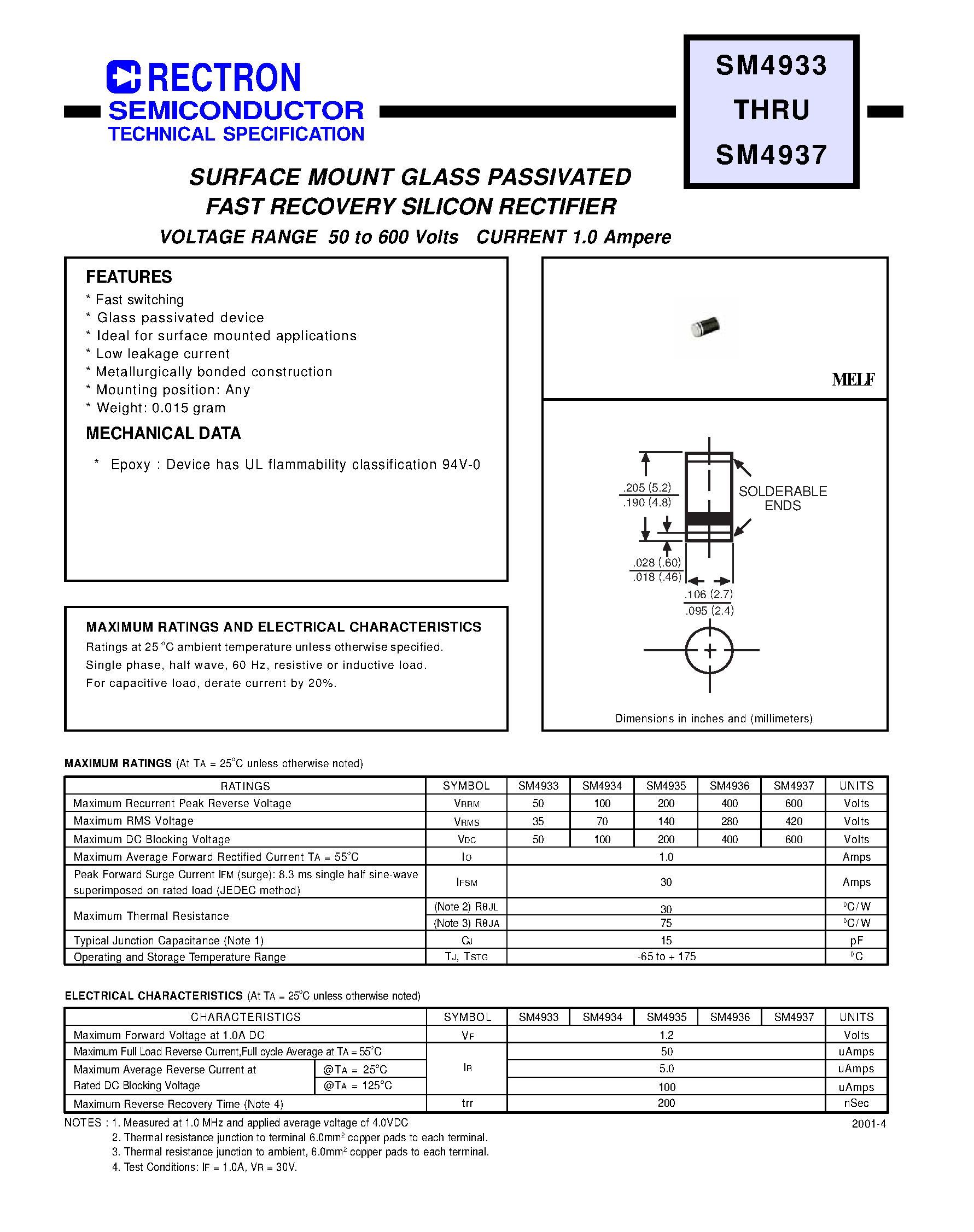 Datasheet SM4933 page 1 Datasheet SM4933 - SURFACE MOUNT GLASS PASSIVATED FAST RECOVERY SILICON RECTIFIER (VOLTAGE RANGE 50 to 600 Volts CURRENT 1.0 Ampere) page 1