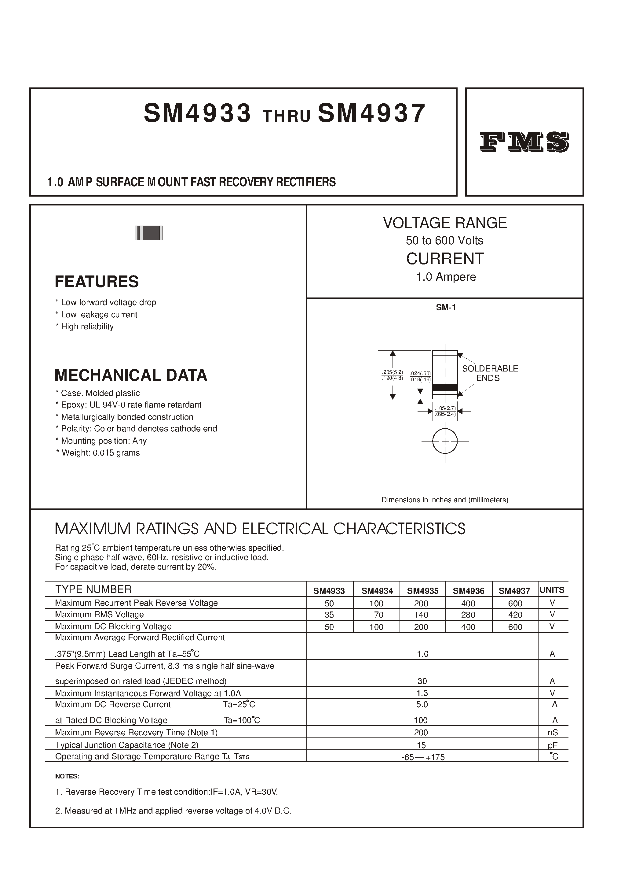Datasheet SM4935 page 1 Datasheet SM4935 - 1.0 AMP SURFACE MOUNT FAST RECOVERY RECTIFIERS page 1