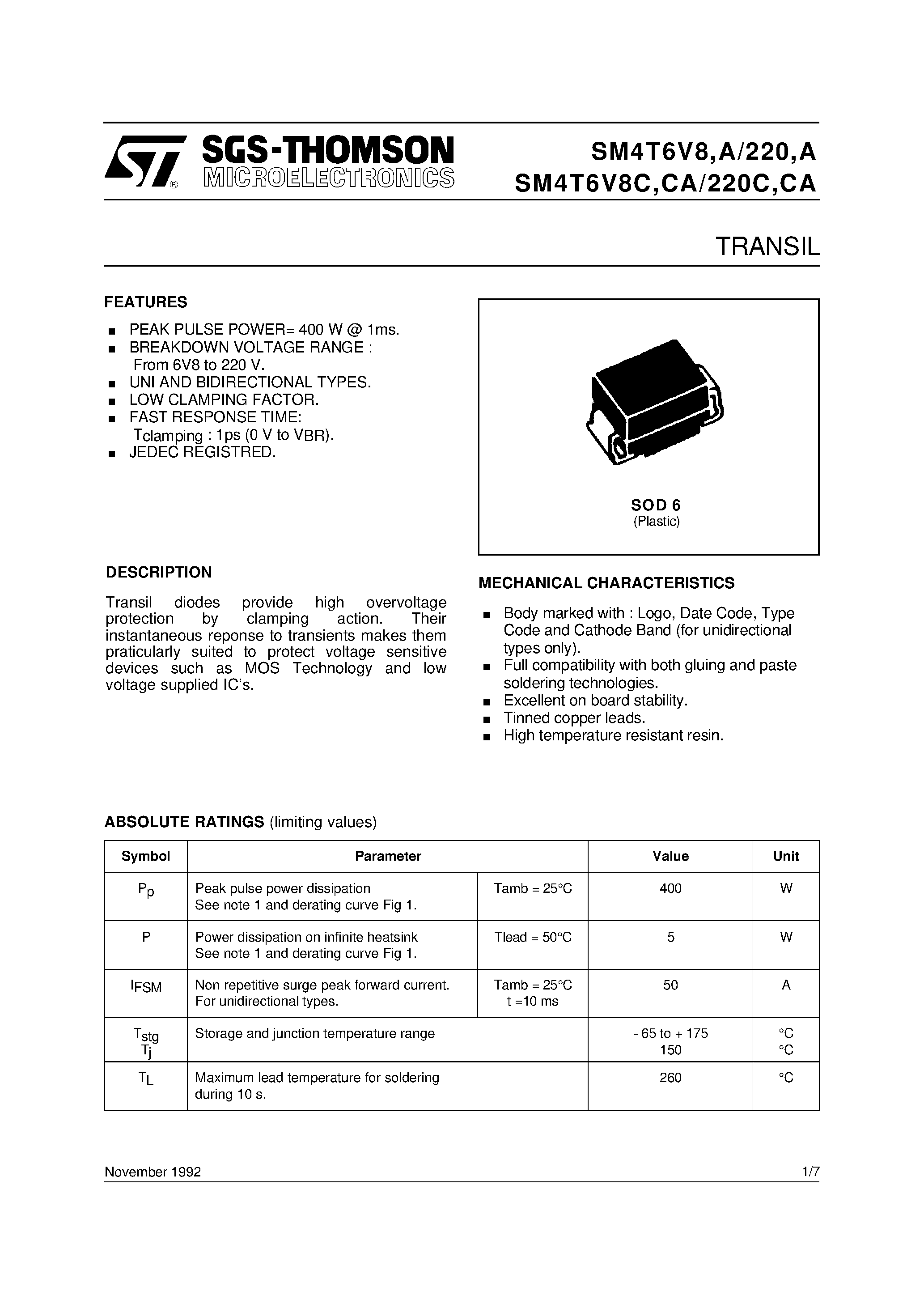 Datasheet SM4T12CA page 1 Datasheet SM4T12CA - TRANSIL page 1