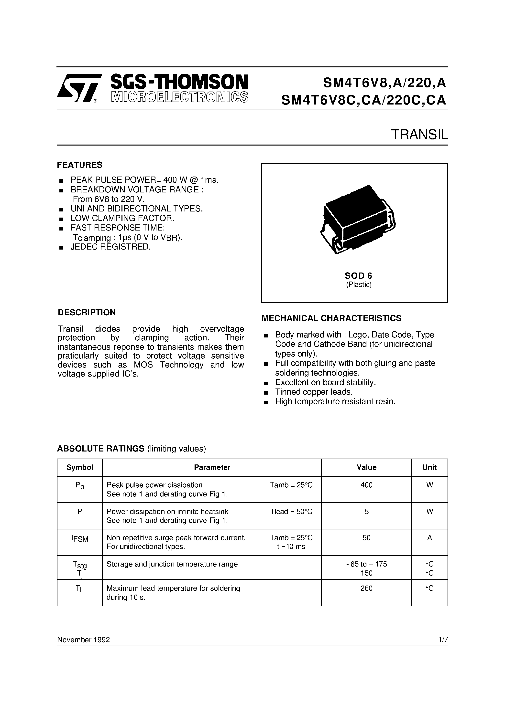 Datasheet SM4T6V8C - TRANSIL page 1