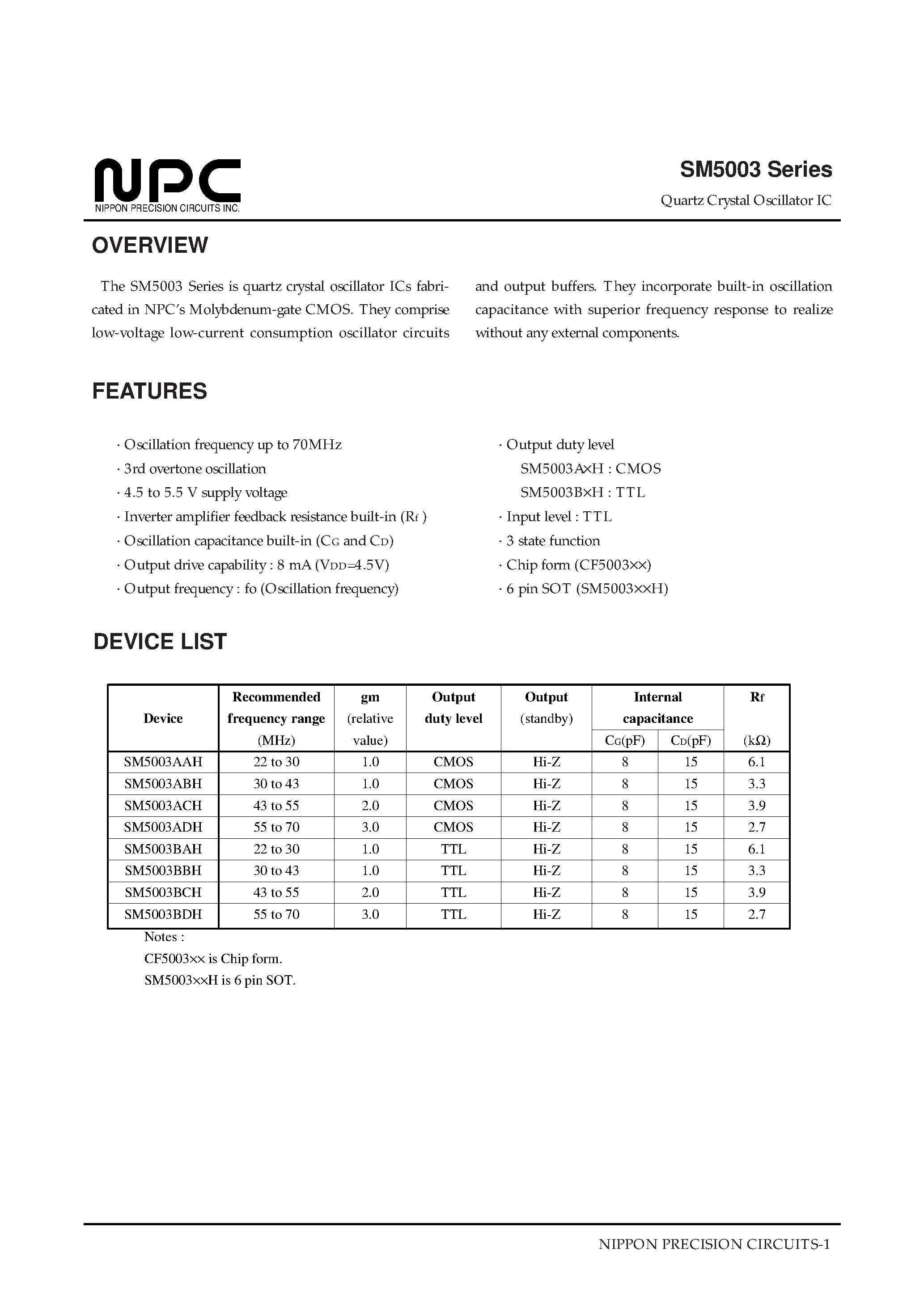 Datasheet SM5003ACH page 1 Datasheet SM5003ACH - Quartz Crystal Oscillator IC page 1