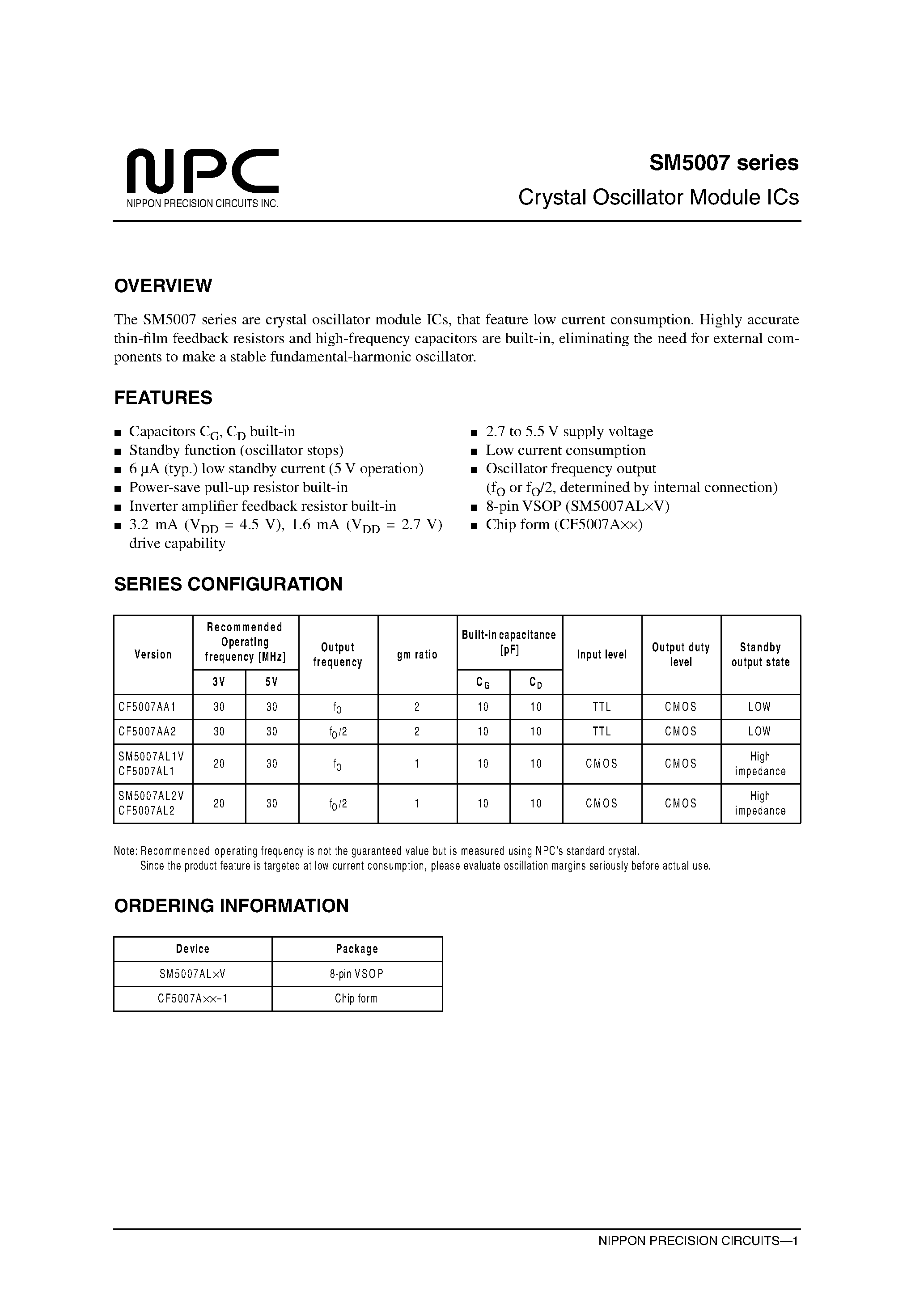 Datasheet SM5007 page 1 Datasheet SM5007 - Crystal Oscillator Module ICs page 1