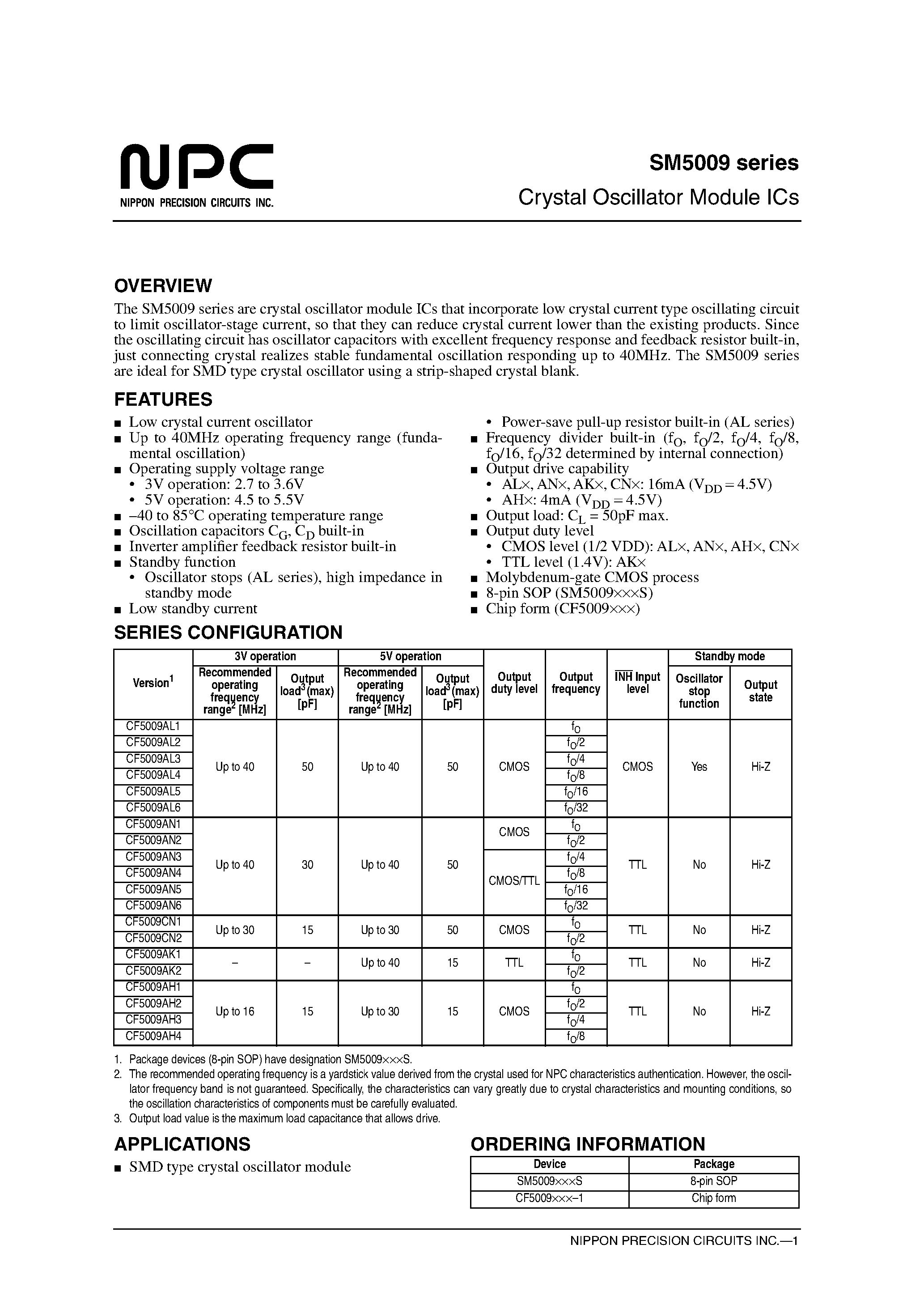 Даташит SM5009AN2S - Crystal Oscillator Module ICs страница 1