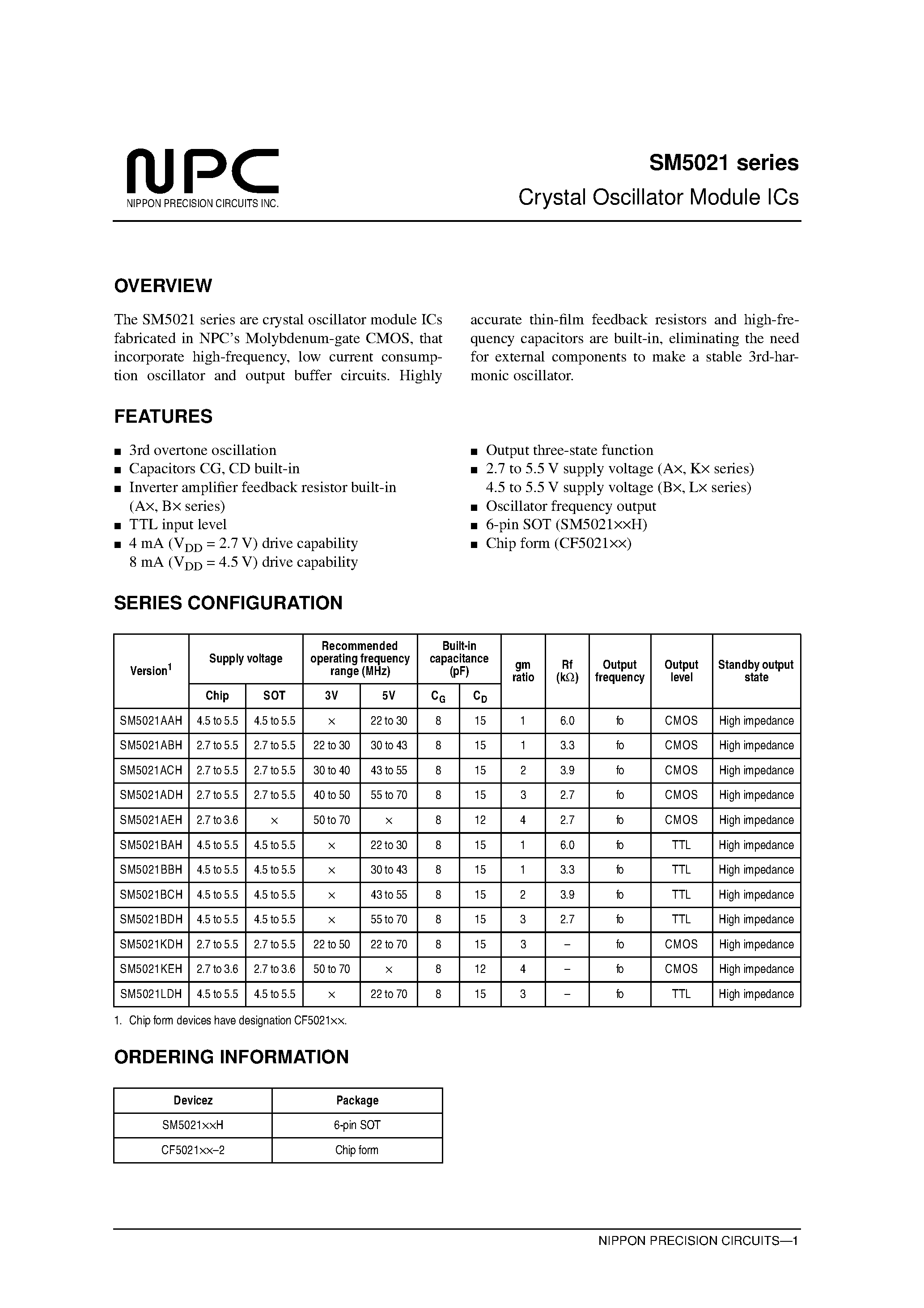 Даташит SM5021BAH - Crystal Oscillator Module ICs страница 1