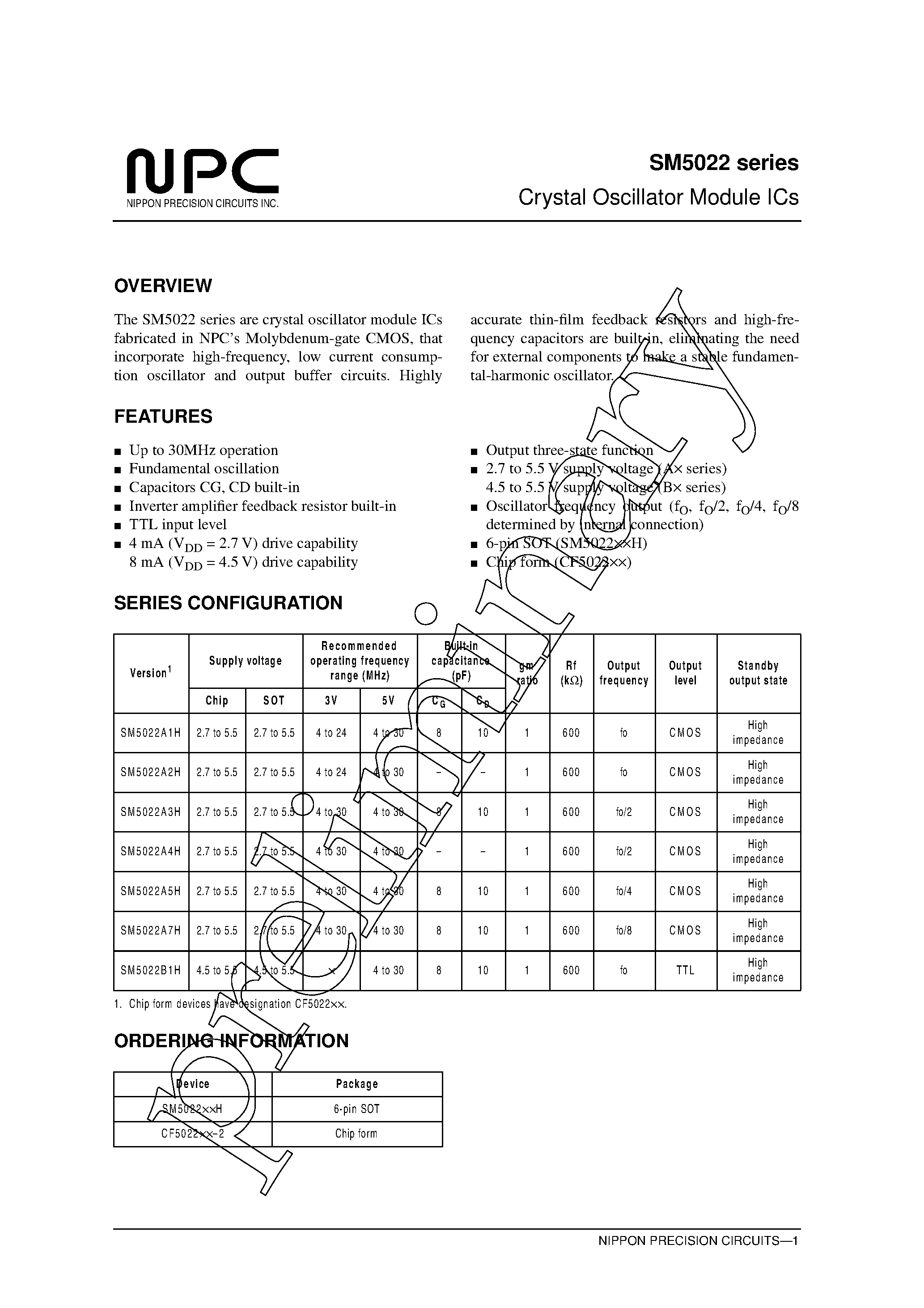 Даташит SM5022A7H - Crystal Oscillator Module ICs страница 1