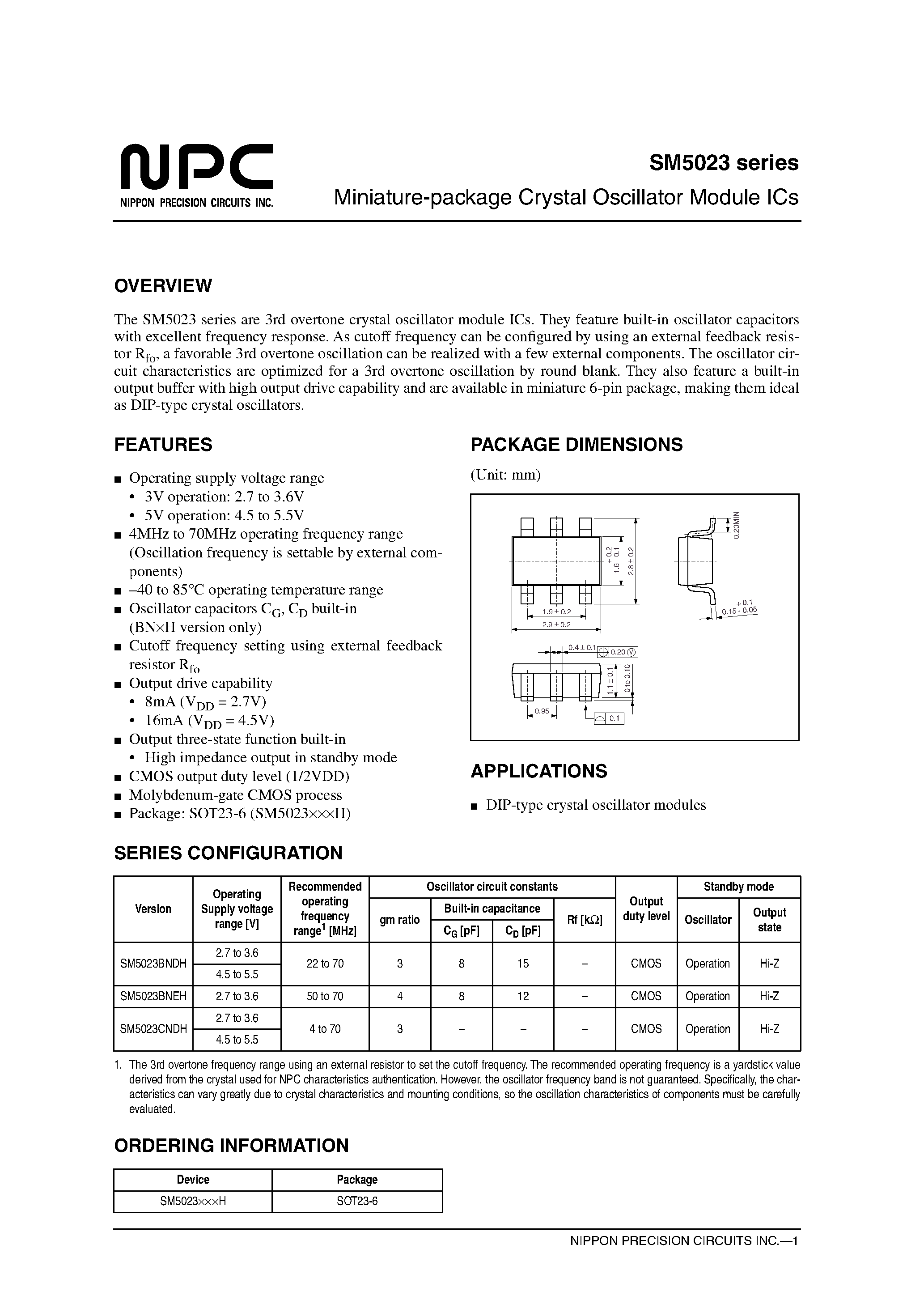 Даташит SM5023BNDH - Miniature-package Crystal Oscillator Module ICs страница 1