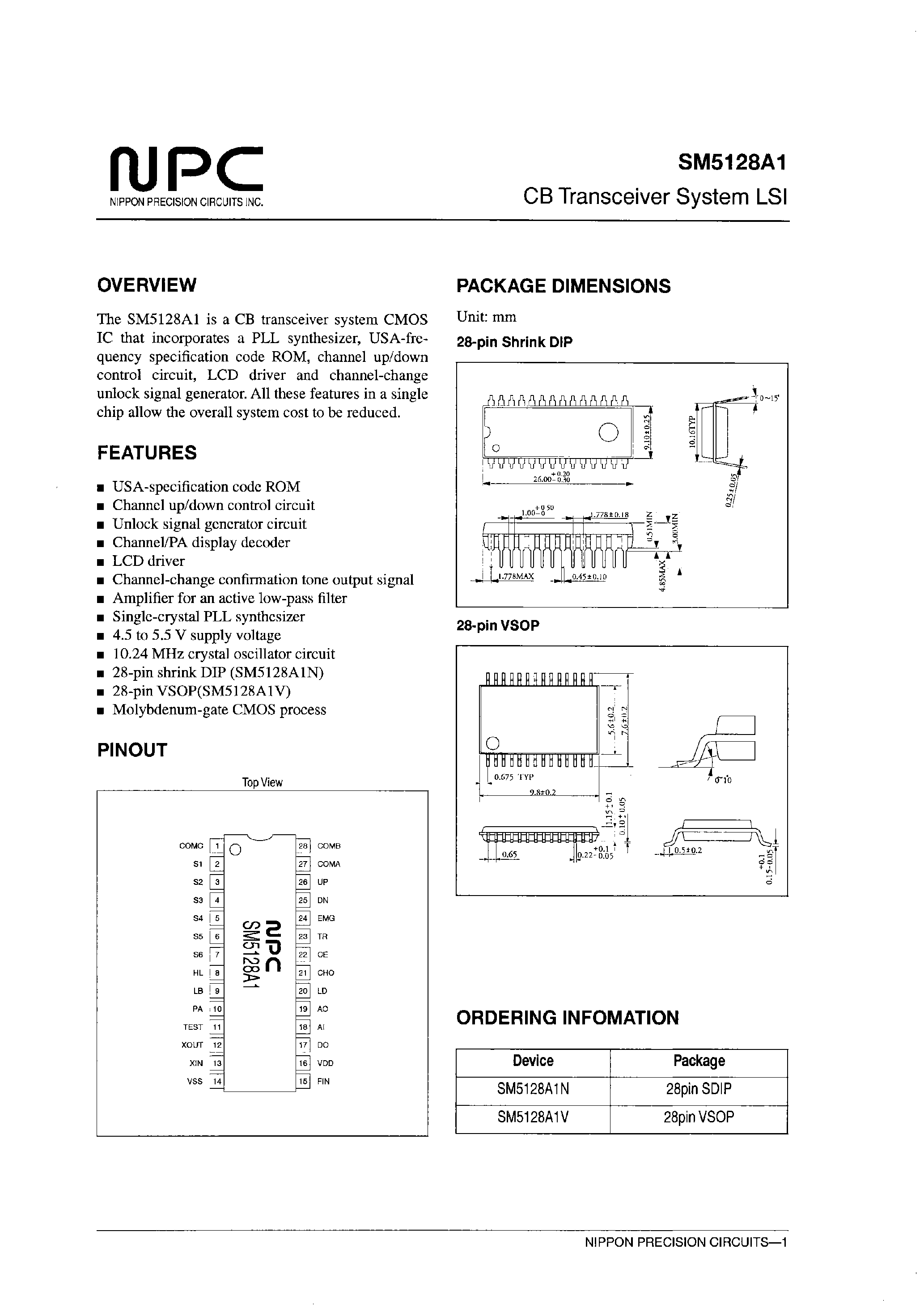 Datasheet SM5128A1 page 1 Datasheet SM5128A1 - CB Transceiver System LSI page 1