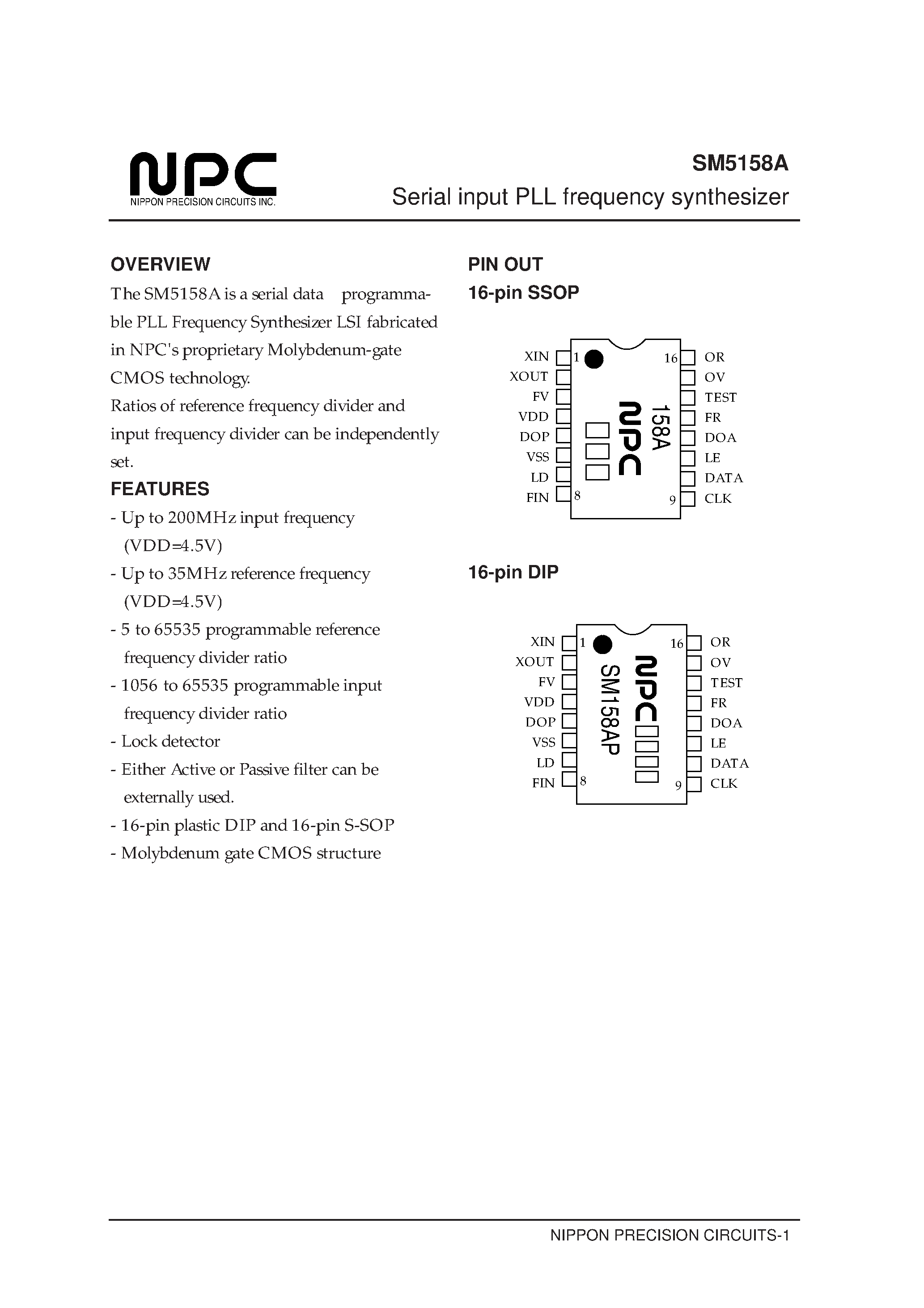 Datasheet SM5158A page 1 Datasheet SM5158A - Serial input PLL frequency synthesizer page 1