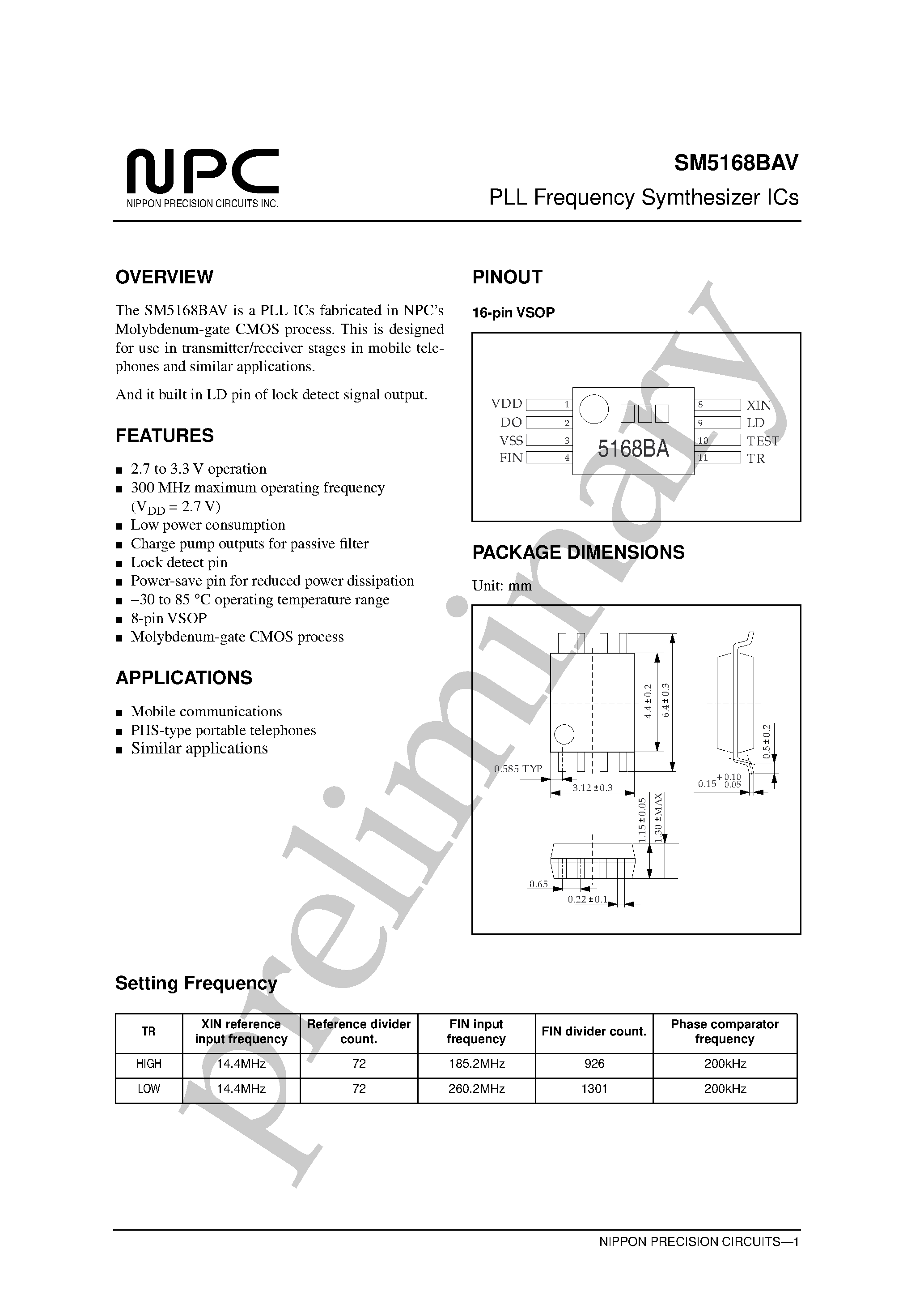 Datasheet SM5168BAV page 1 Datasheet SM5168BAV - PLL Frequency Symthesizer ICs page 1