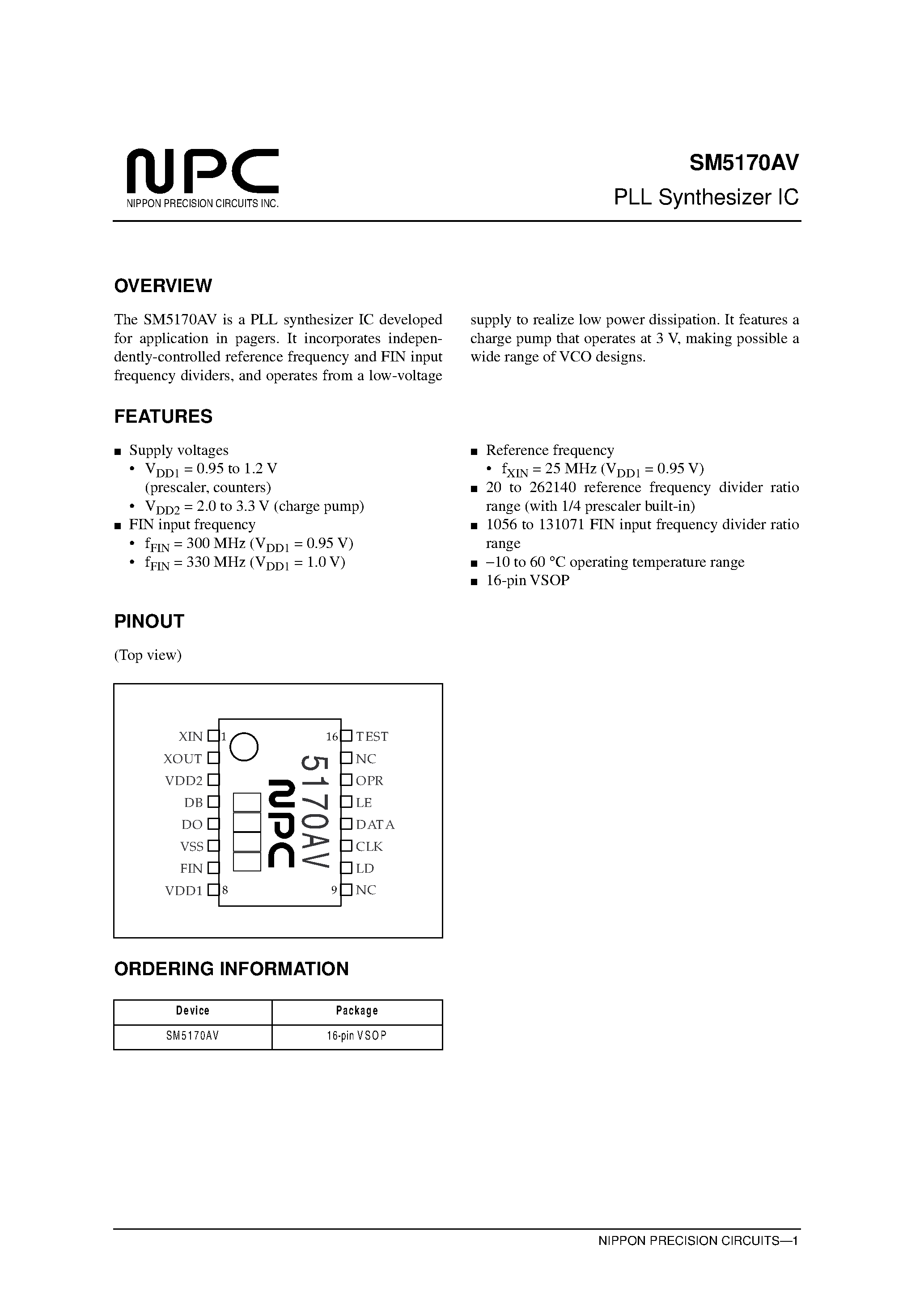 Datasheet SM5170 - PLL Synthesizer IC page 1