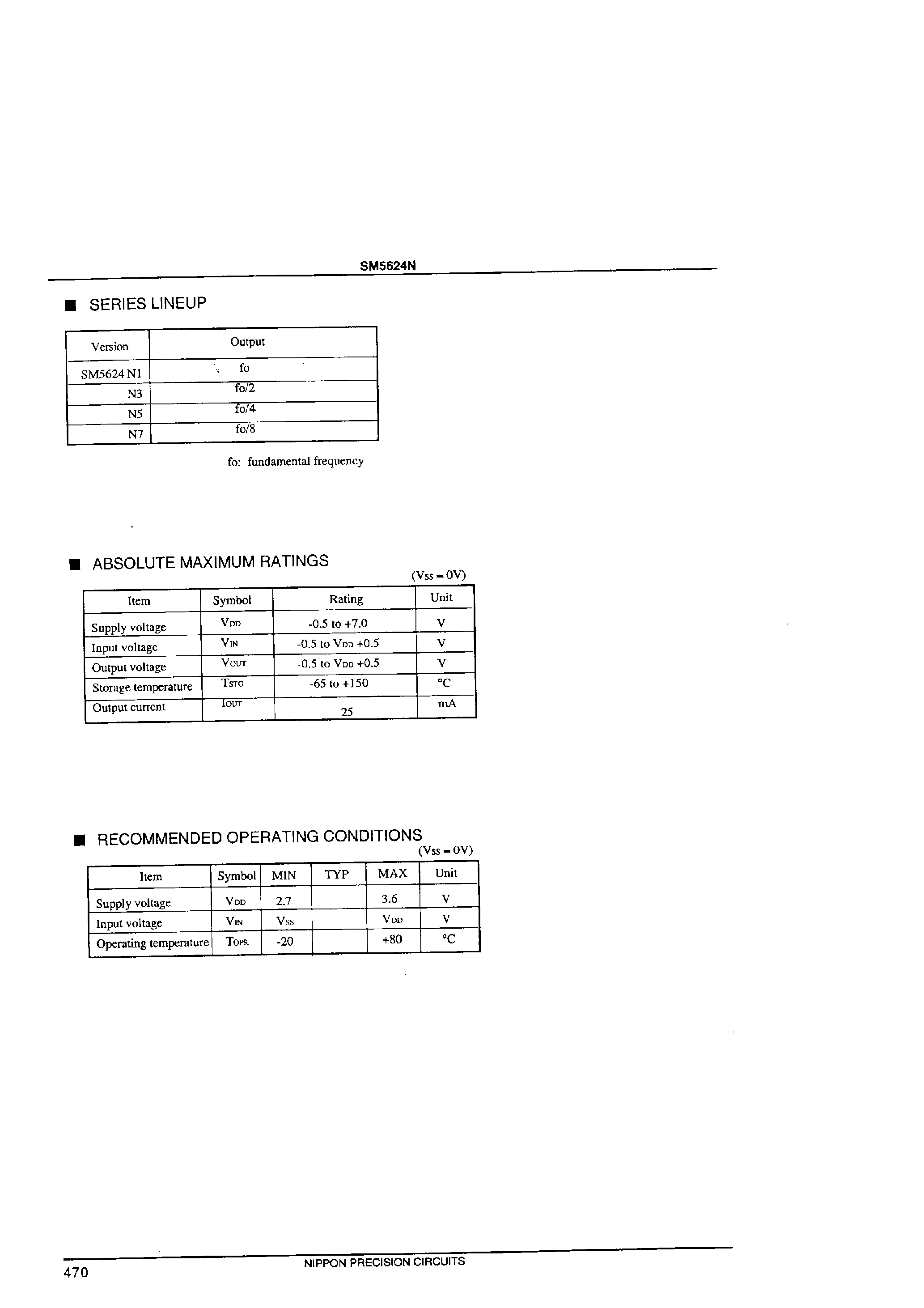 Datasheet SM5624N3 page 2 Datasheet SM5624N3 - Quartz Crystal Oscillator Module IC page 2