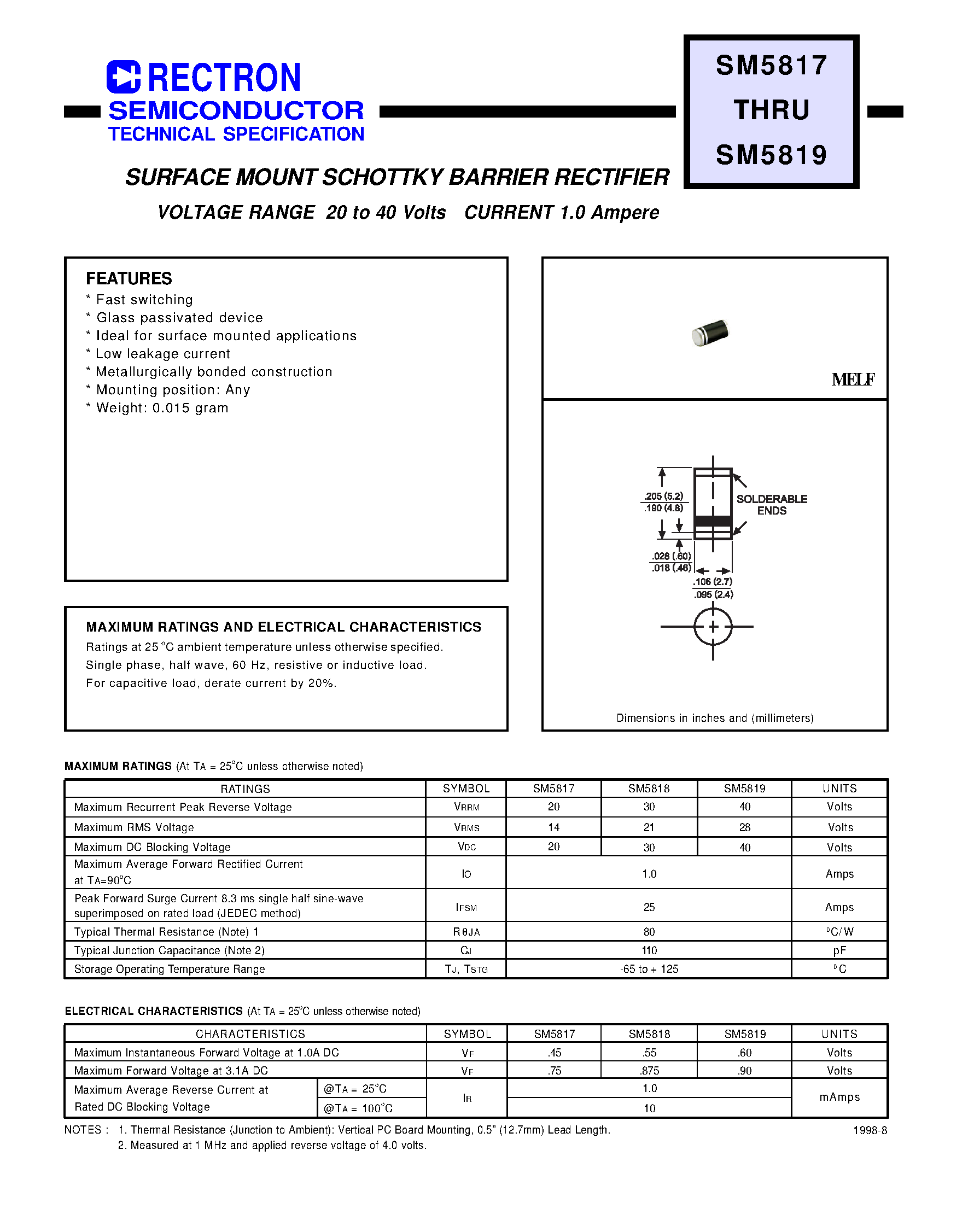 Даташит SM5817 - SURFACE MOUNT SCHOTTKY BARRIER RECTIFIER (VOLTAGE RANGE 20 to 40 Volts CURRENT 1.0 Ampere) страница 1