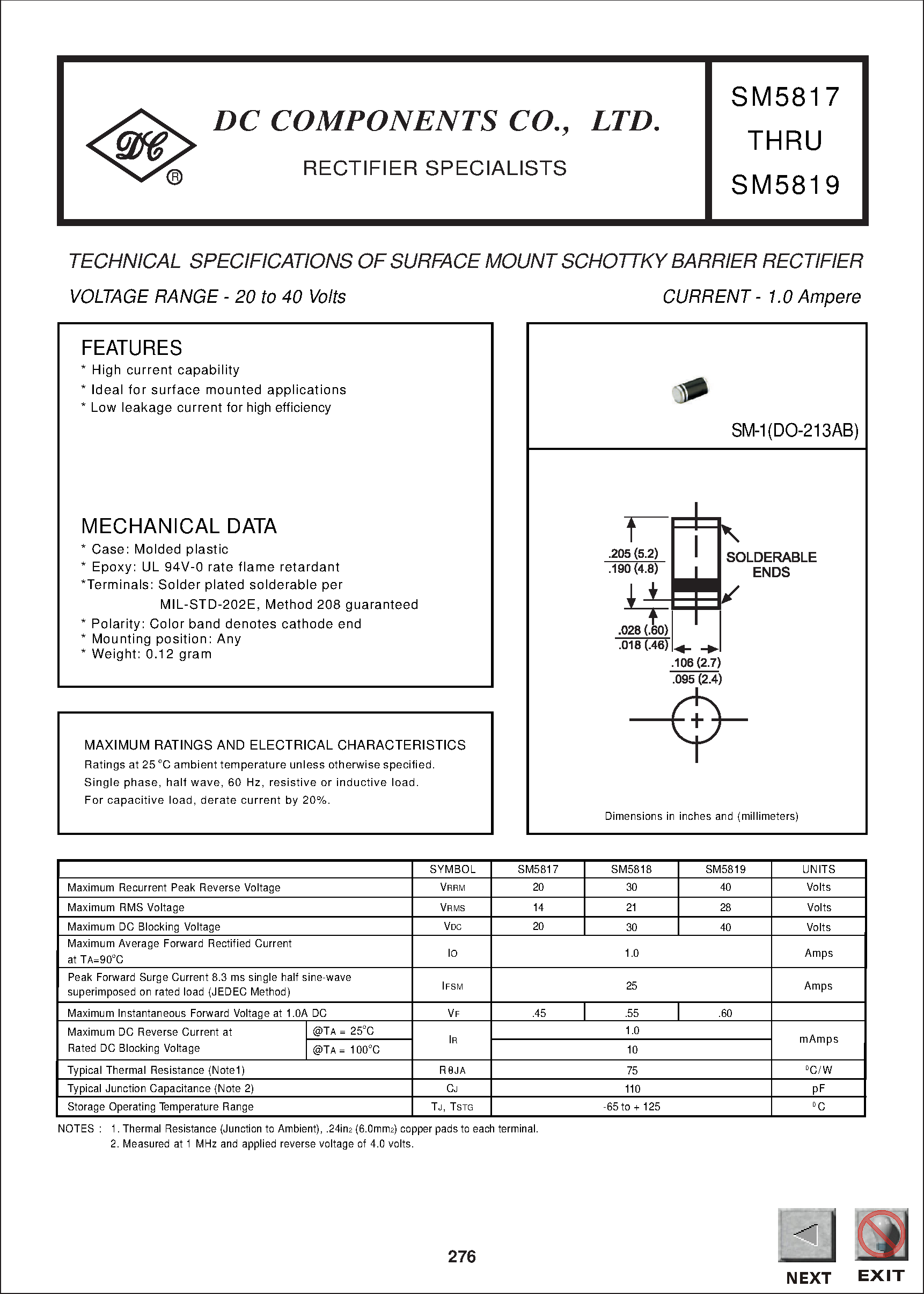 Datasheet SM5818 page 1 Datasheet SM5818 - TECHNICAL SPECIFICATIONS OF SURFACE MOUNT SCHOTTKY BARRIER RECTIFIER page 1