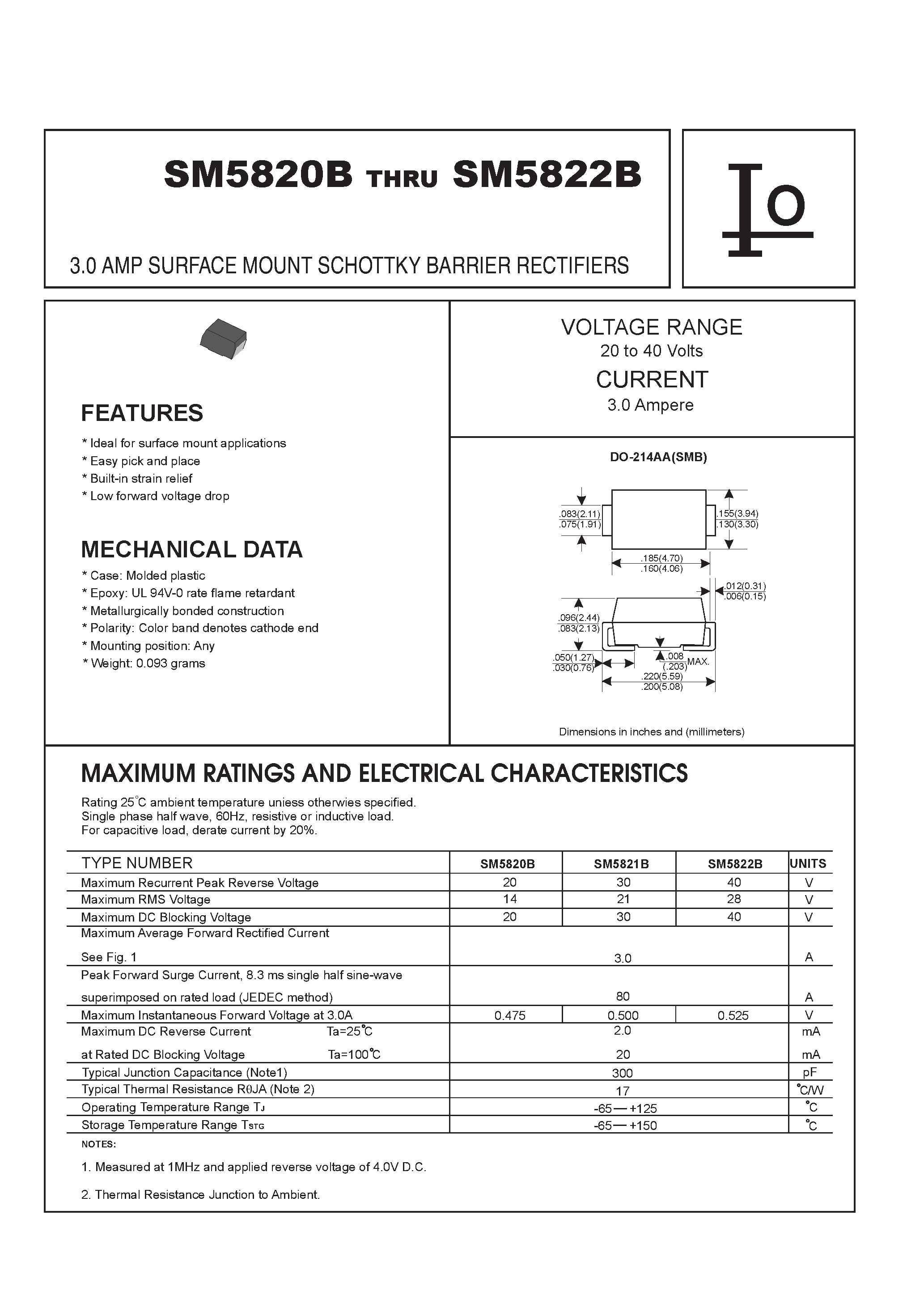Datasheet SM5822B page 1 Datasheet SM5822B - 3.0 AMP SURFACE MOUNT SCHOTTKY BARRIER RECTIFIERS page 1