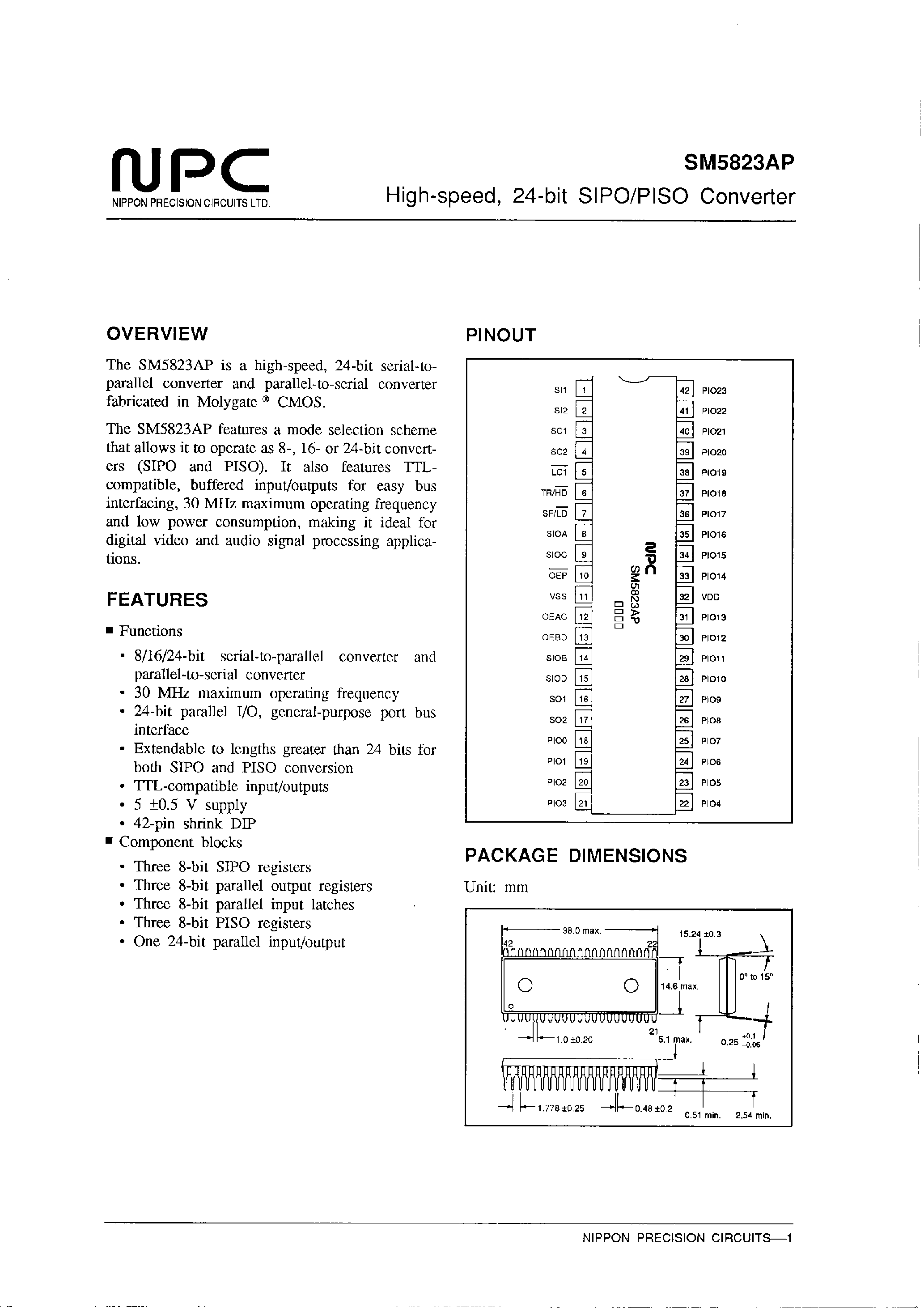 Datasheet SM5823AP page 1 Datasheet SM5823AP - High-speed/ 24-bit SIPO/PISO Converter page 1