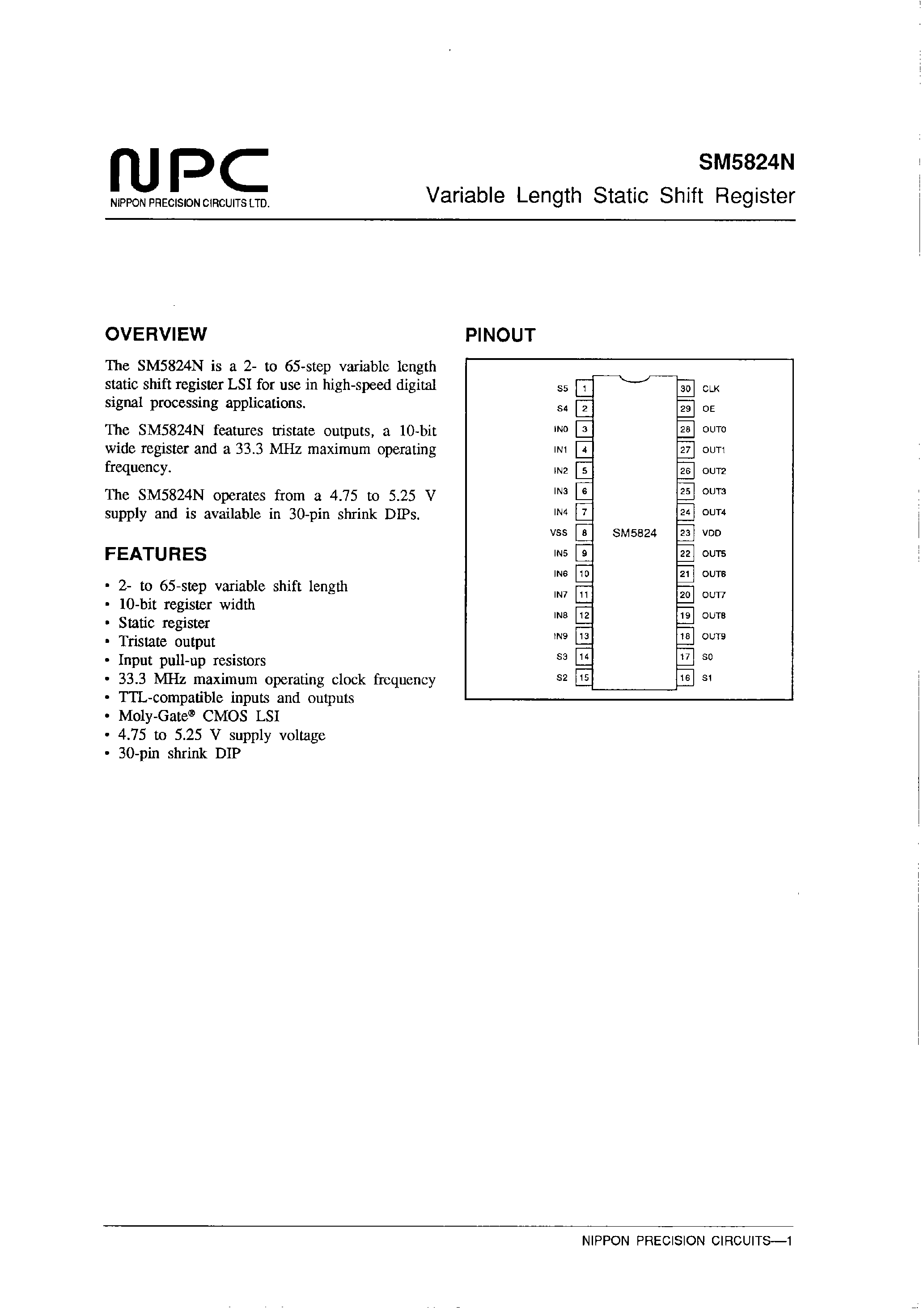 Datasheet SM5824N - Variable Length Static Shift Register page 1