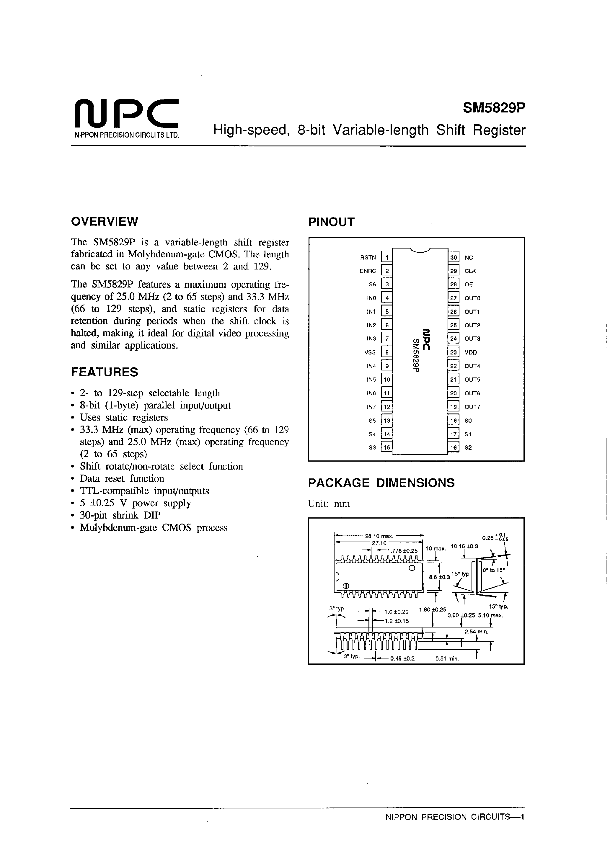 Datasheet SM5829P - High-speed/ 8-bit Variable-length Shift Register page 1