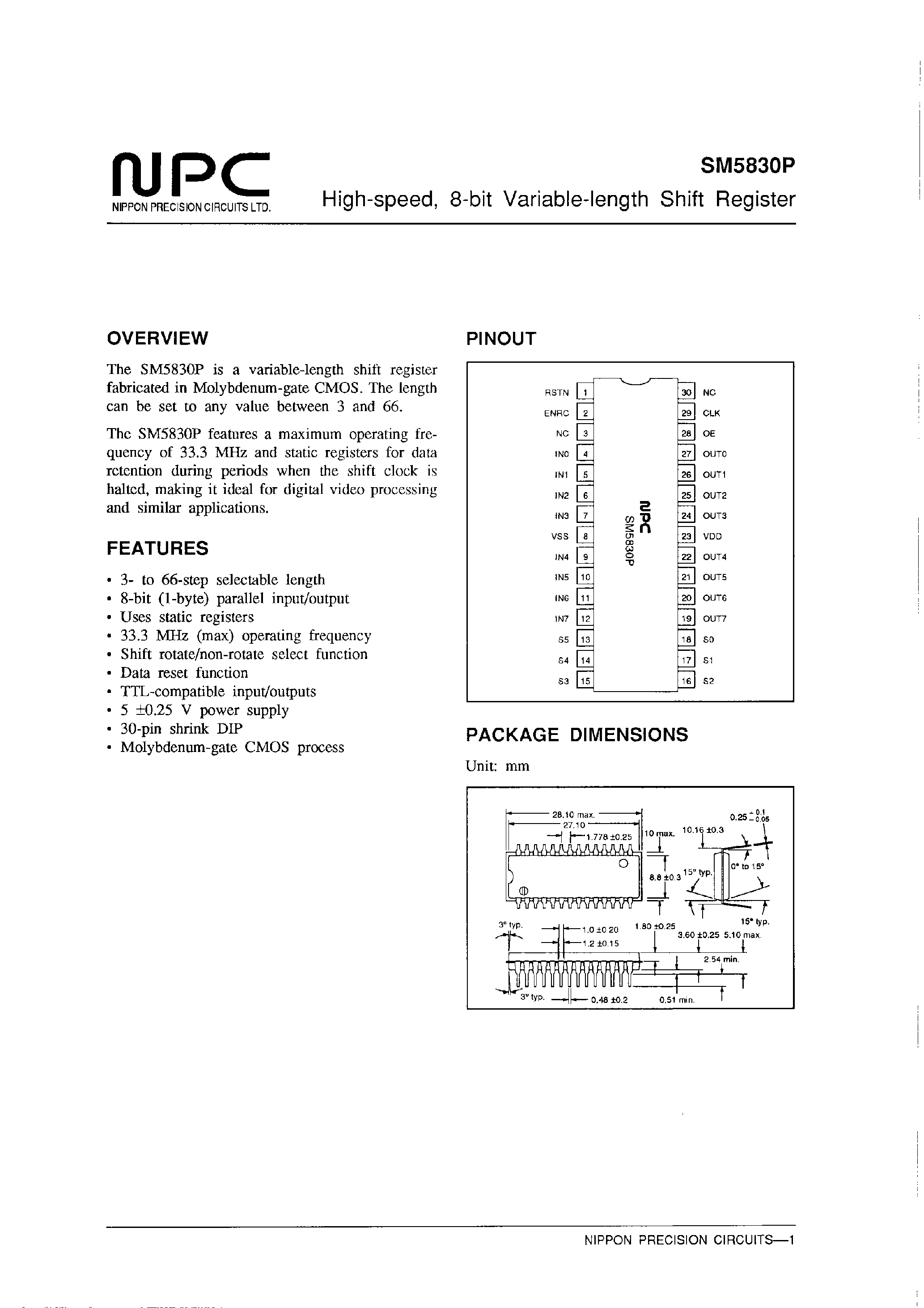 Datasheet SM5830P page 1 Datasheet SM5830P - High-speed/ 8-bit Variable-length Shift Register page 1