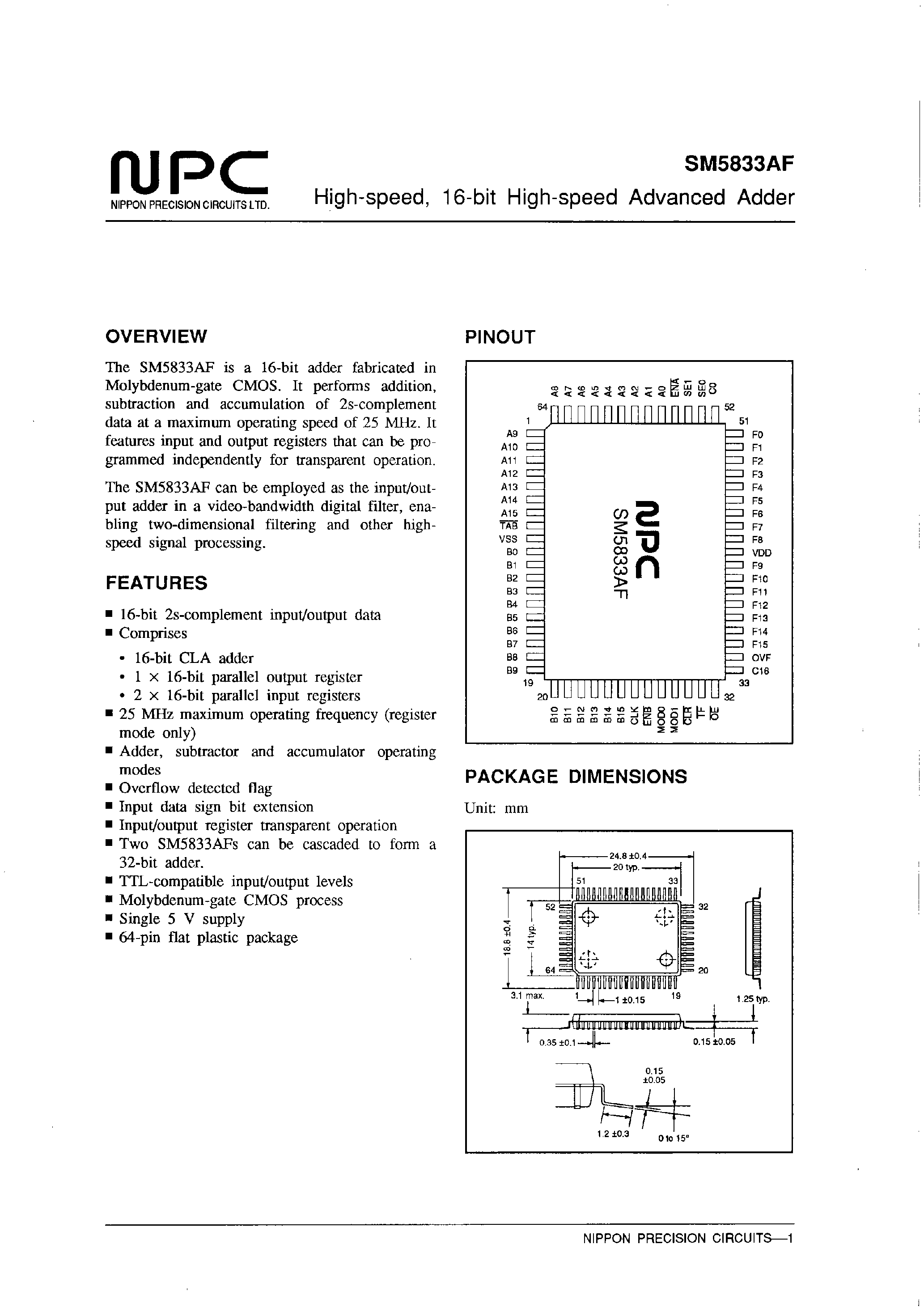Datasheet SM5833 page 1 Datasheet SM5833 - High-speed/ 16-bit High-speed Advanced Adder page 1