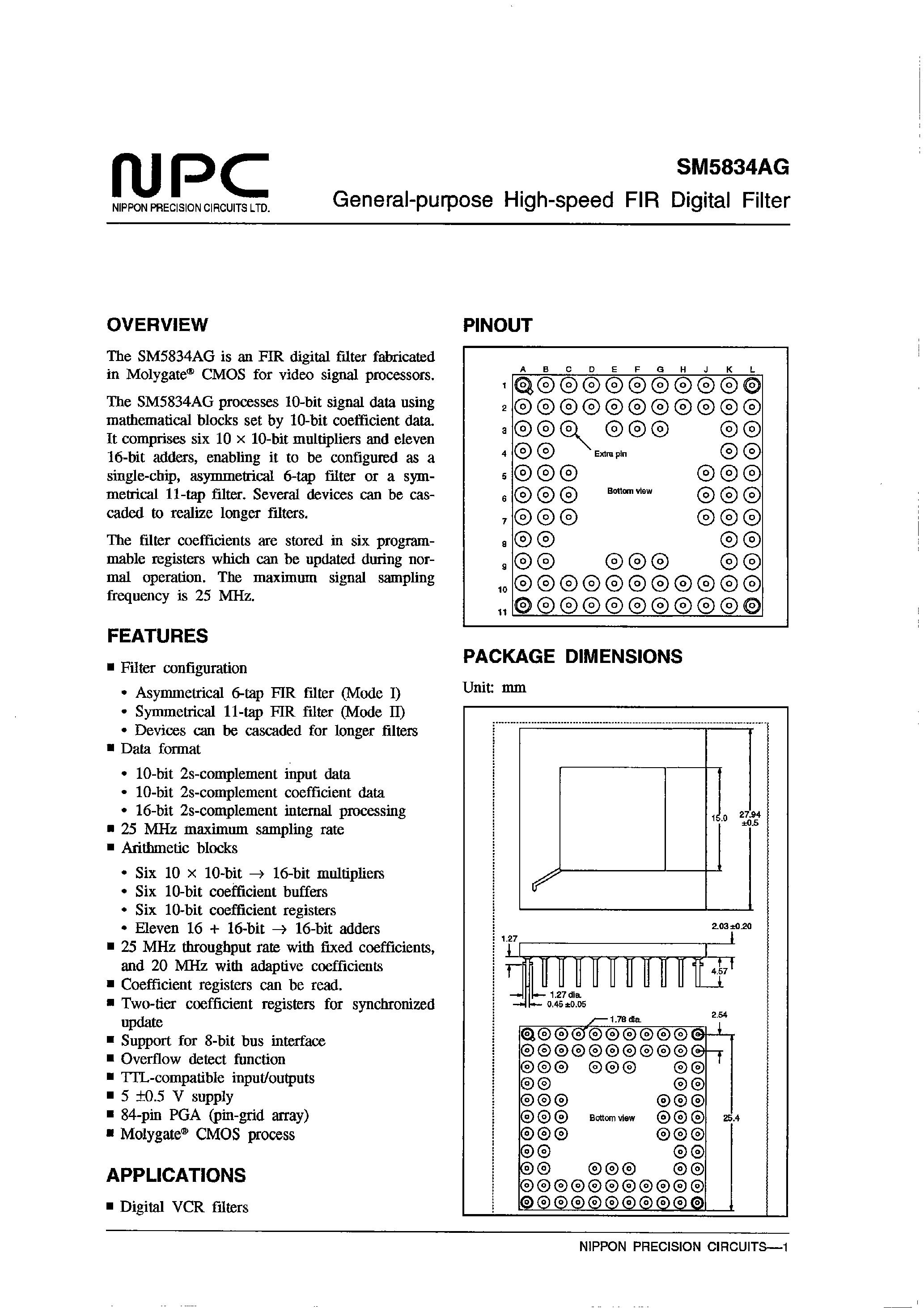 Datasheet SM5834AG - General-purpose High-speed FIR Digital Filter page 1