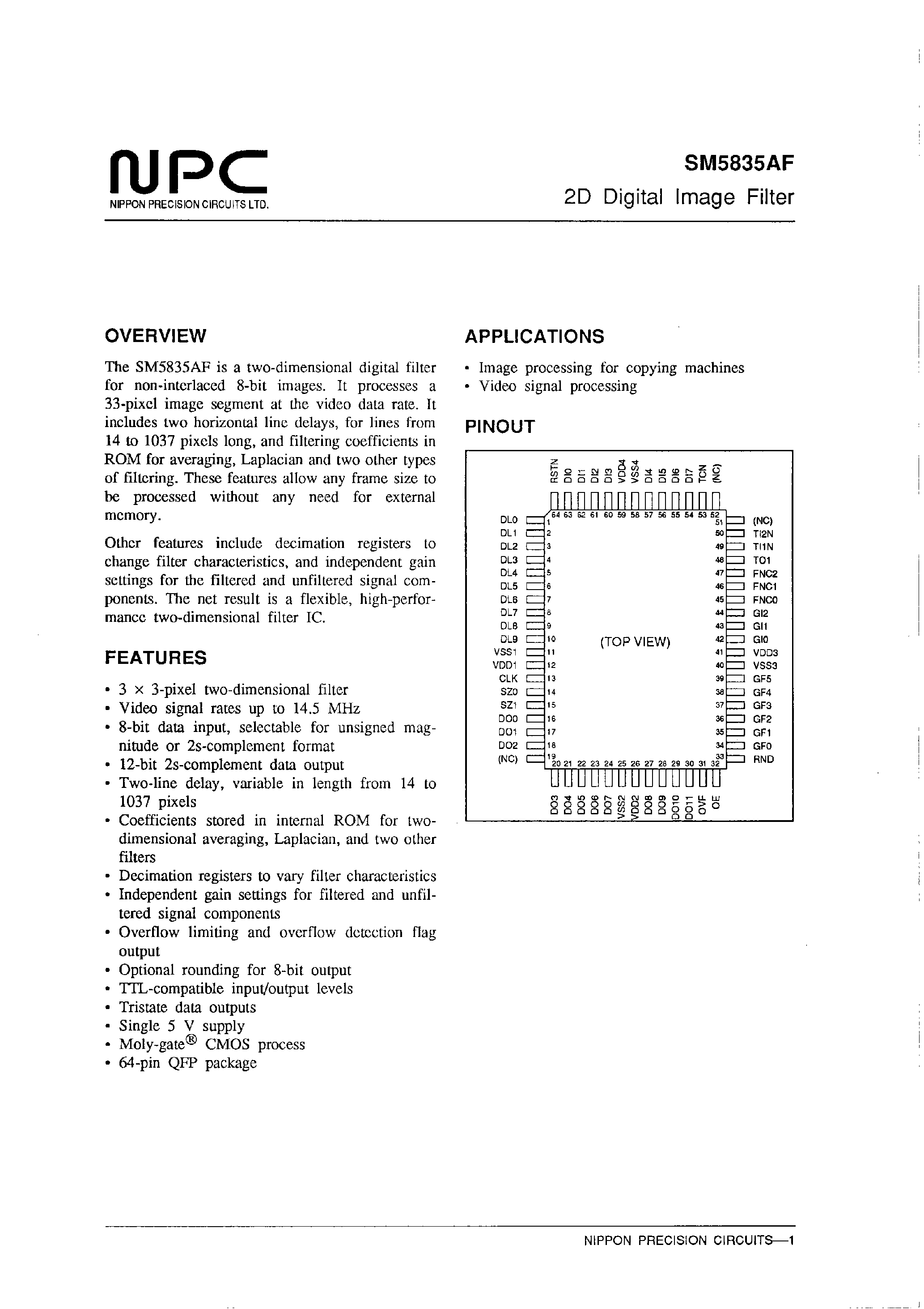 Datasheet SM5835AF page 1 Datasheet SM5835AF - 2D Digital Image Filter page 1