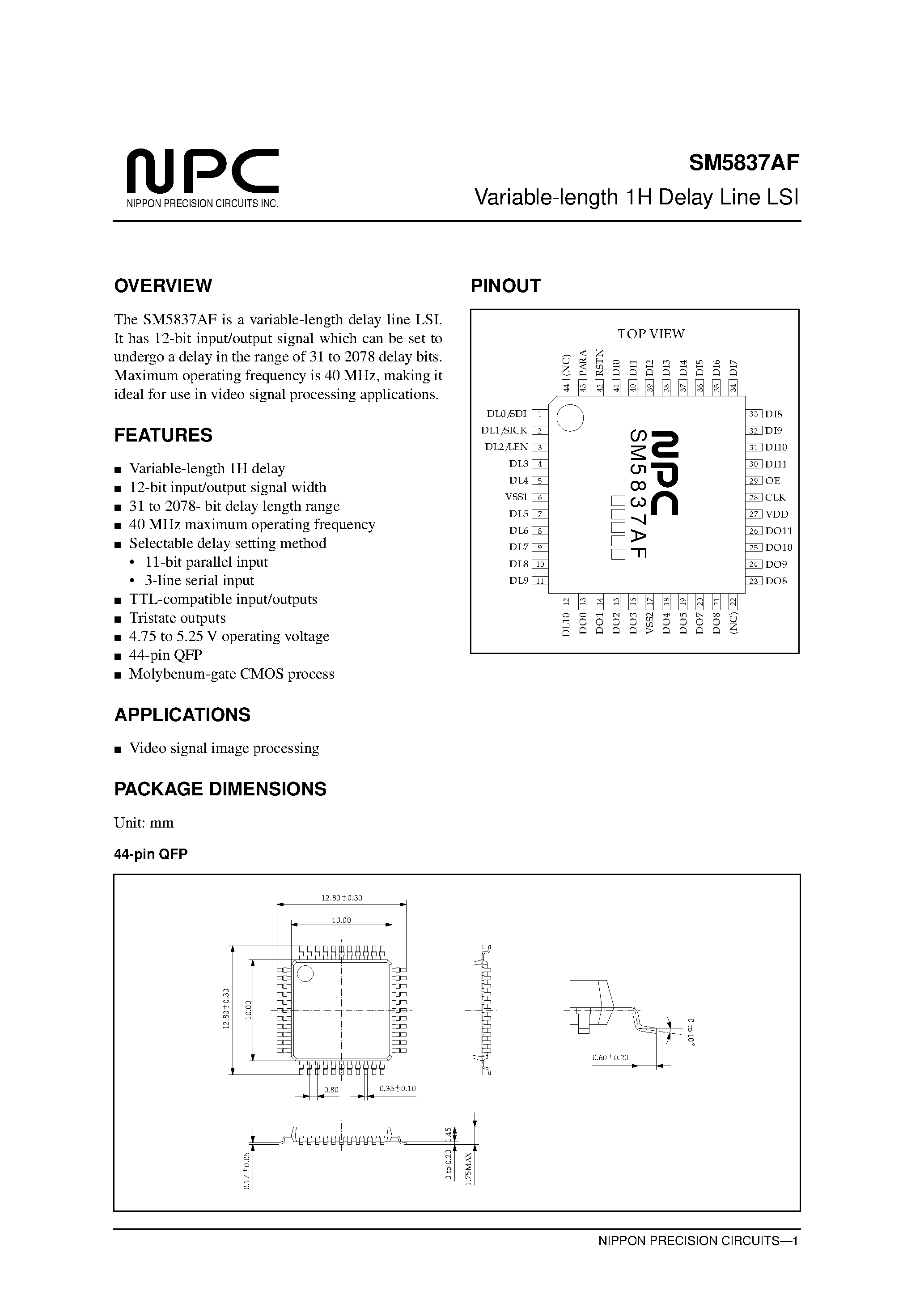 Datasheet SM5837AF - Variable-length 1H Delay Line LSI page 1