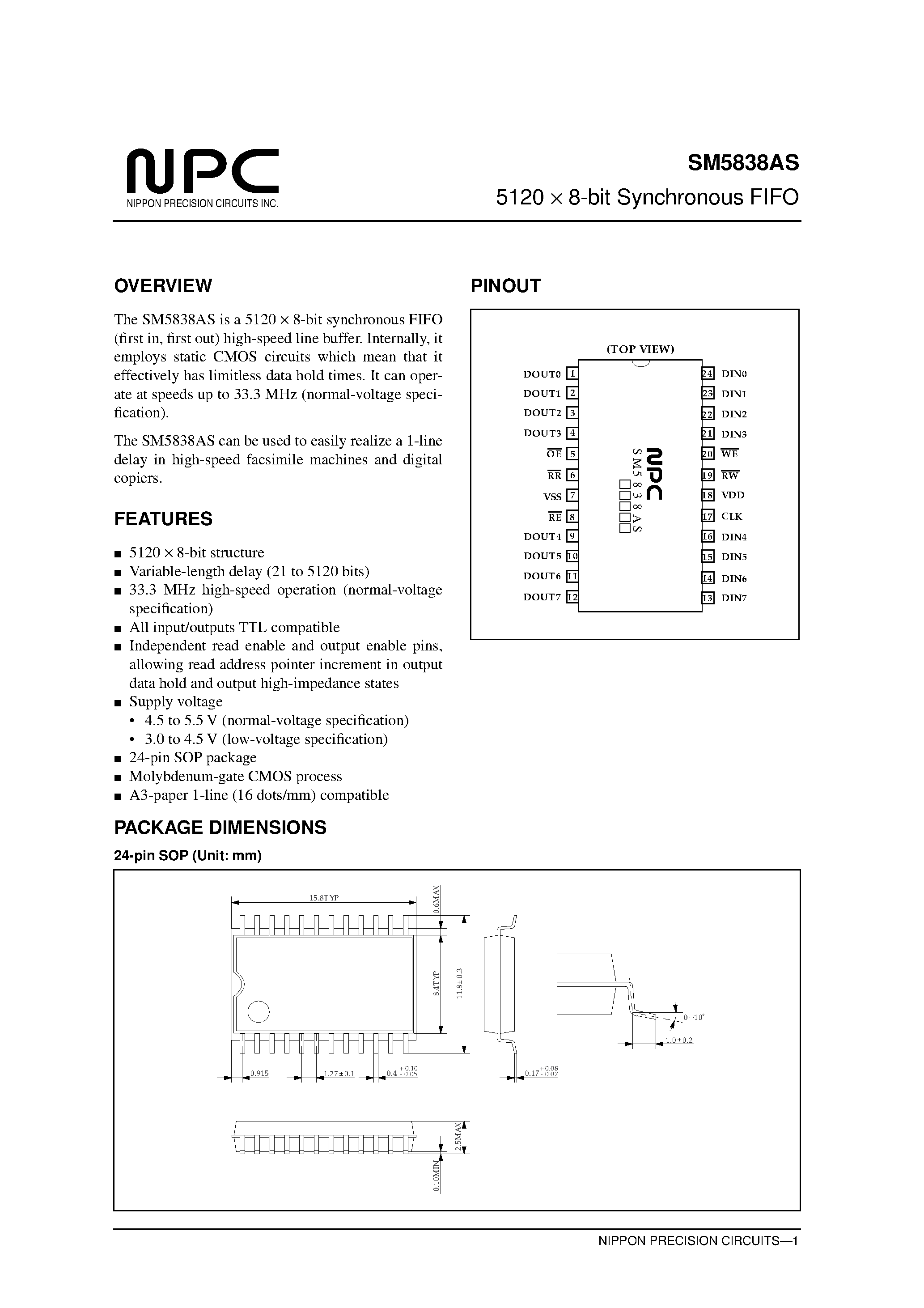 Datasheet SM5838AS page 1 Datasheet SM5838AS - 5120 X 8-bit Synchronous FIFO page 1