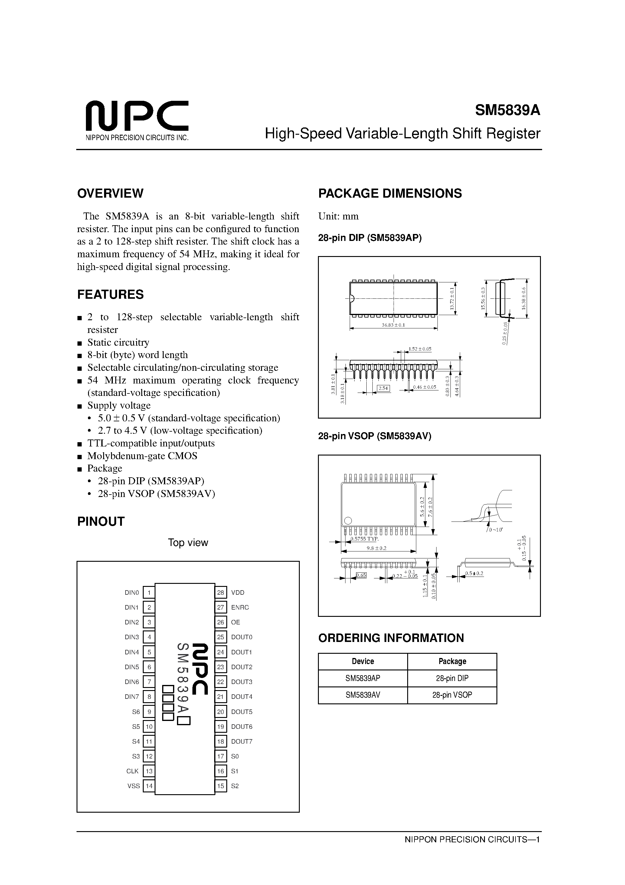 Datasheet SM5839A page 1 Datasheet SM5839A - High-Speed Variable-Length Shift Register page 1