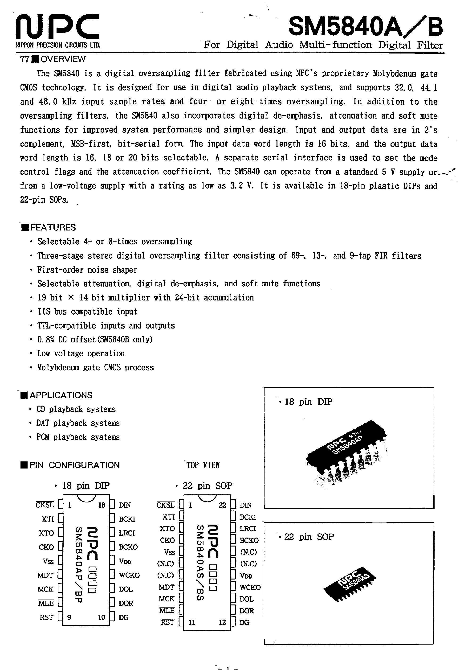 Datasheet SM5840B page 1 Datasheet SM5840B - For Digital Audio Multi-function Digital Filter page 1