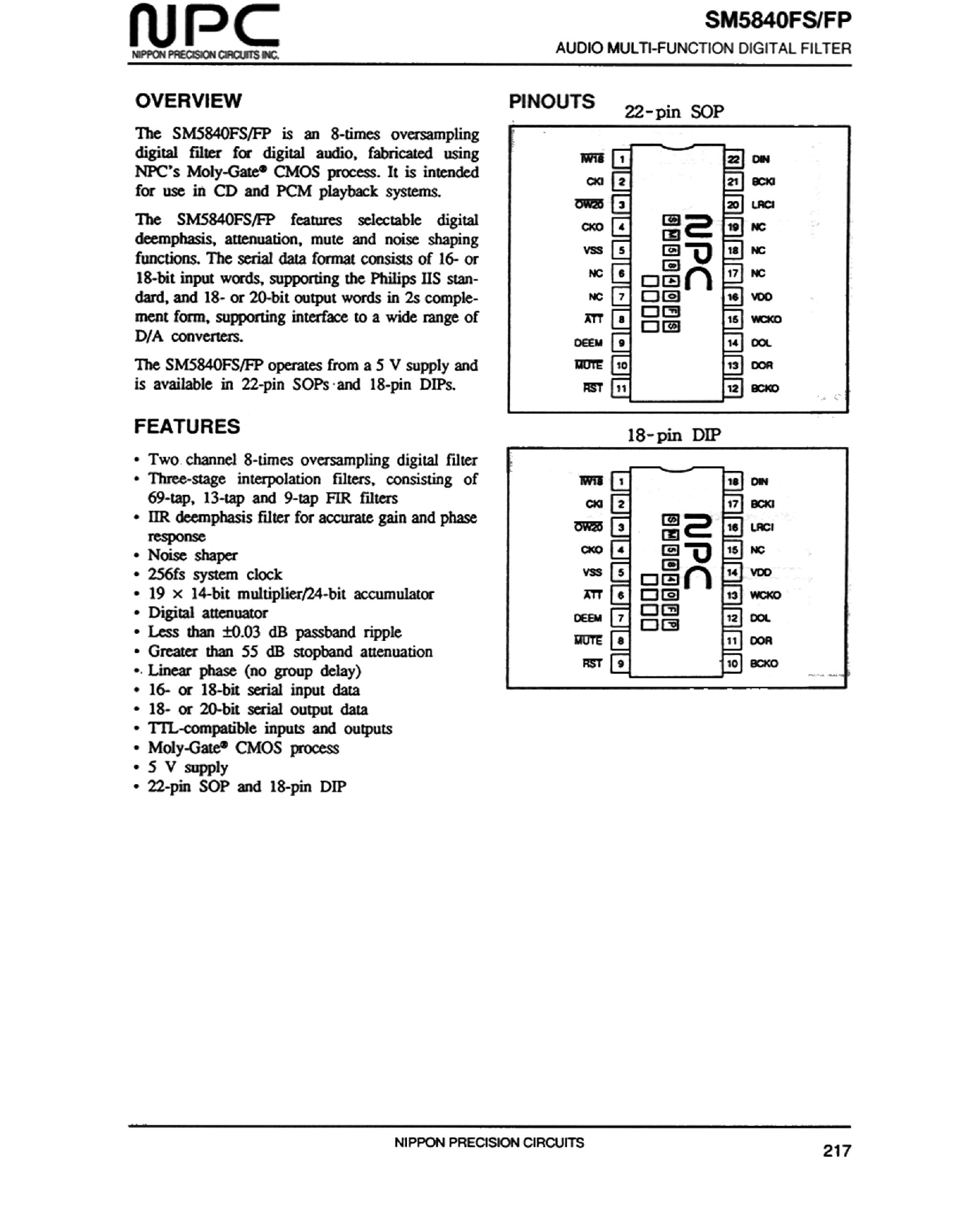 Datasheet SM5840FS page 1 Datasheet SM5840FS - AUDIO MULTI-FUNCTION DIGITAL FILTER page 1