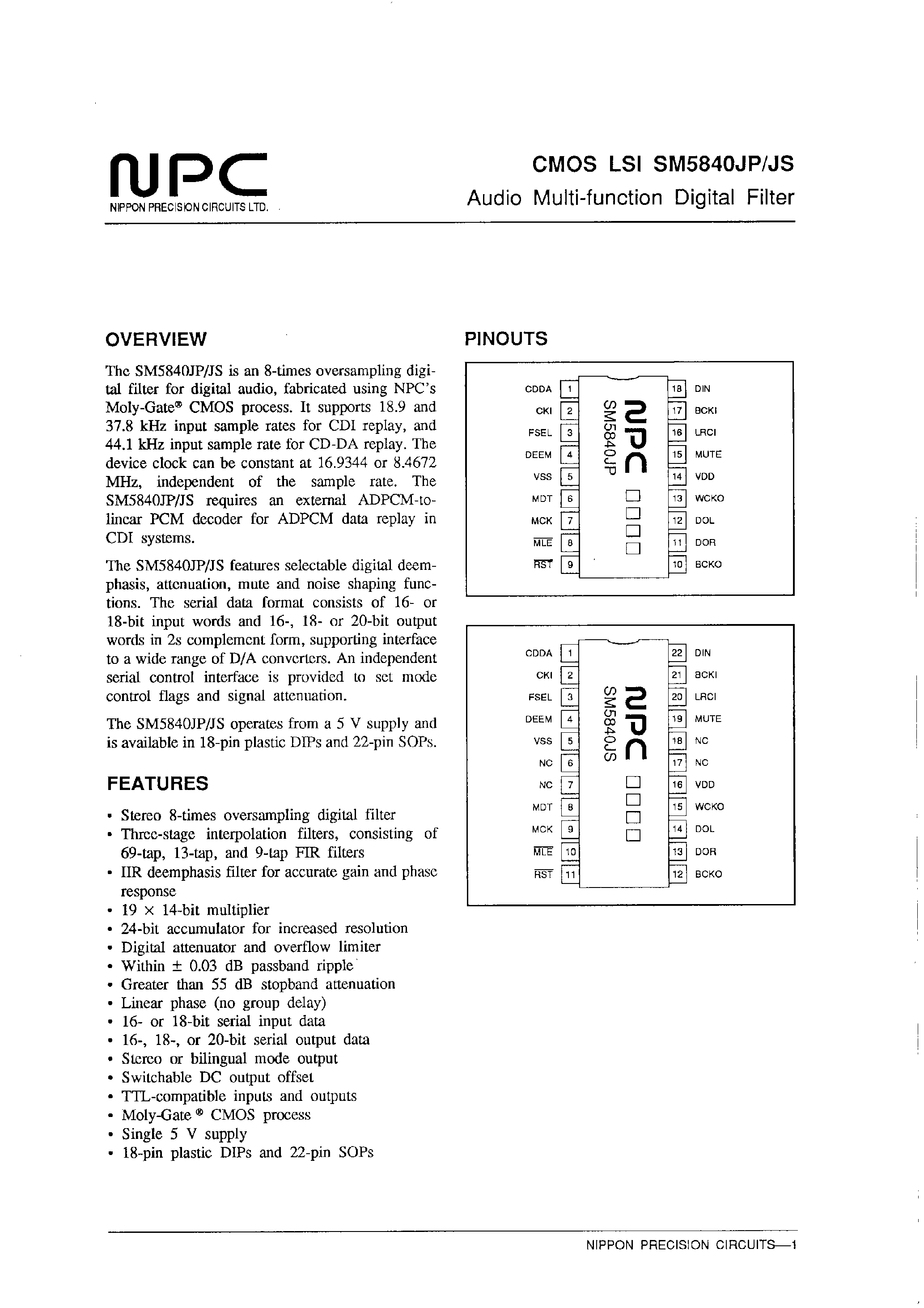 Datasheet SM5840JP page 1 Datasheet SM5840JP - Audio Multi-function Digital Filter page 1