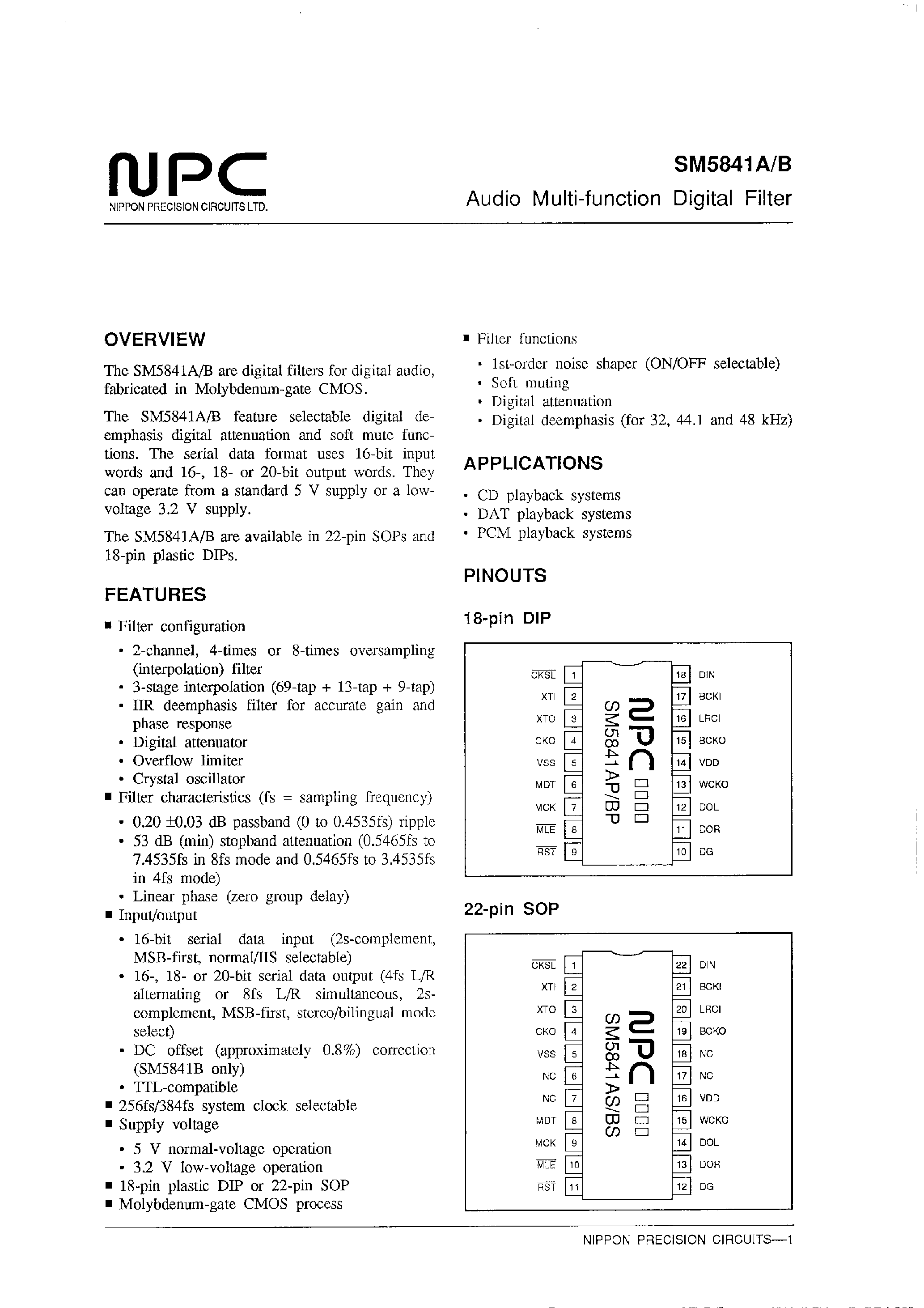 Datasheet SM5841B page 1 Datasheet SM5841B - Audio Multi-function Digital Filter page 1