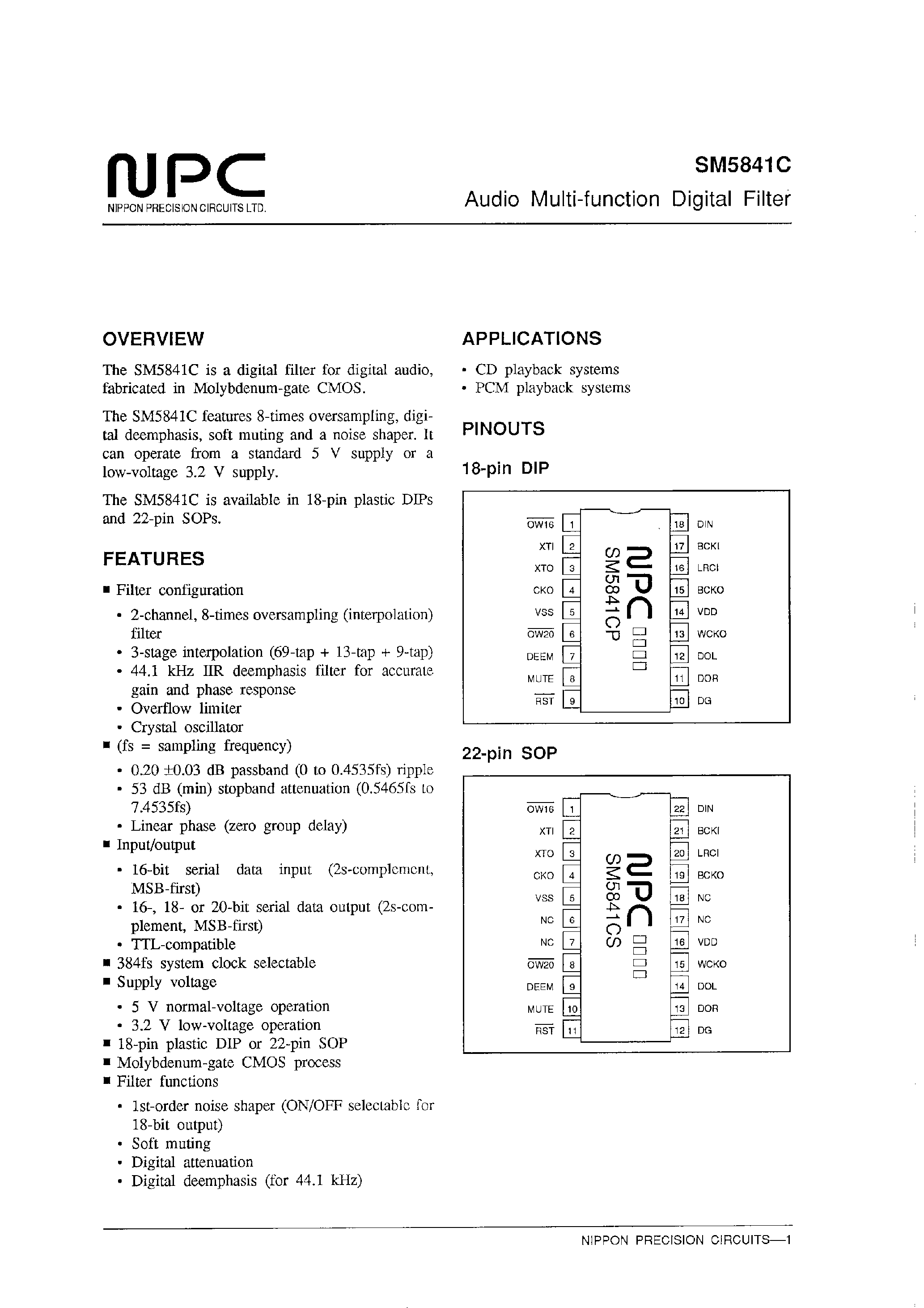 Datasheet SM5841C - Audio Multi-function Digital Filter page 1