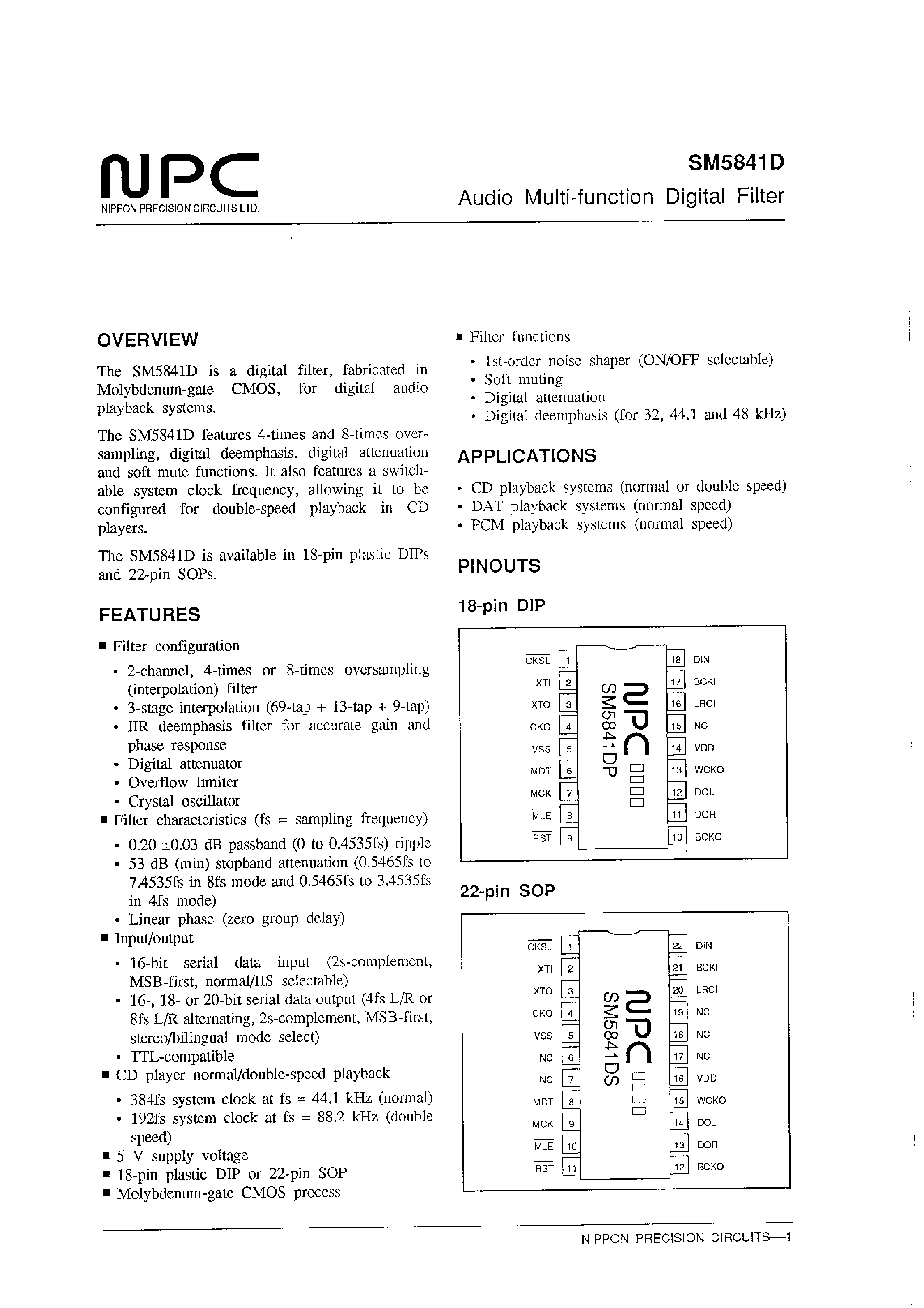 Datasheet SM5841D page 1 Datasheet SM5841D - Audio Multi-function Digital Filter page 1