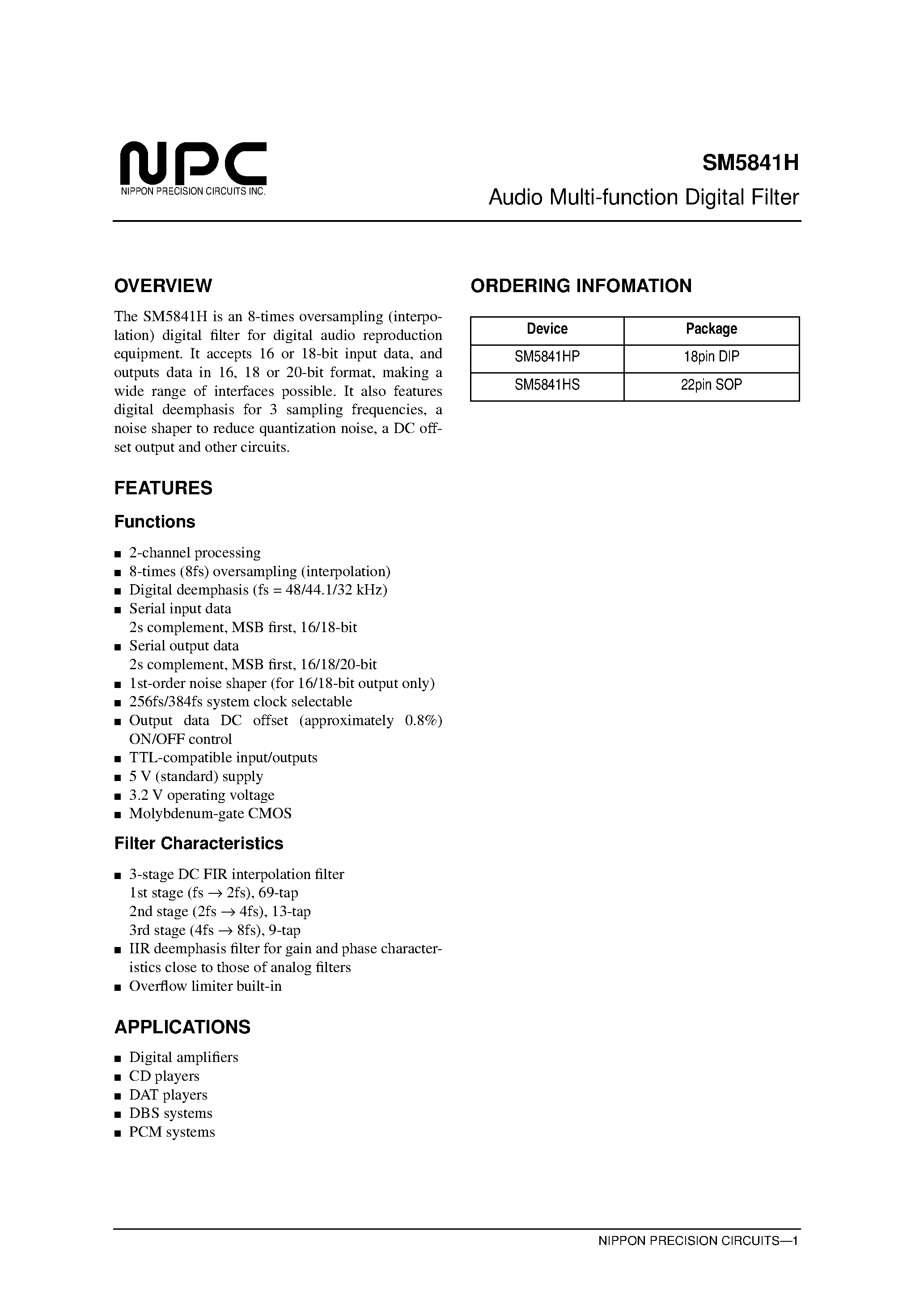 Datasheet SM5841H page 1 Datasheet SM5841H - Audio Multi-function Digital Filter page 1