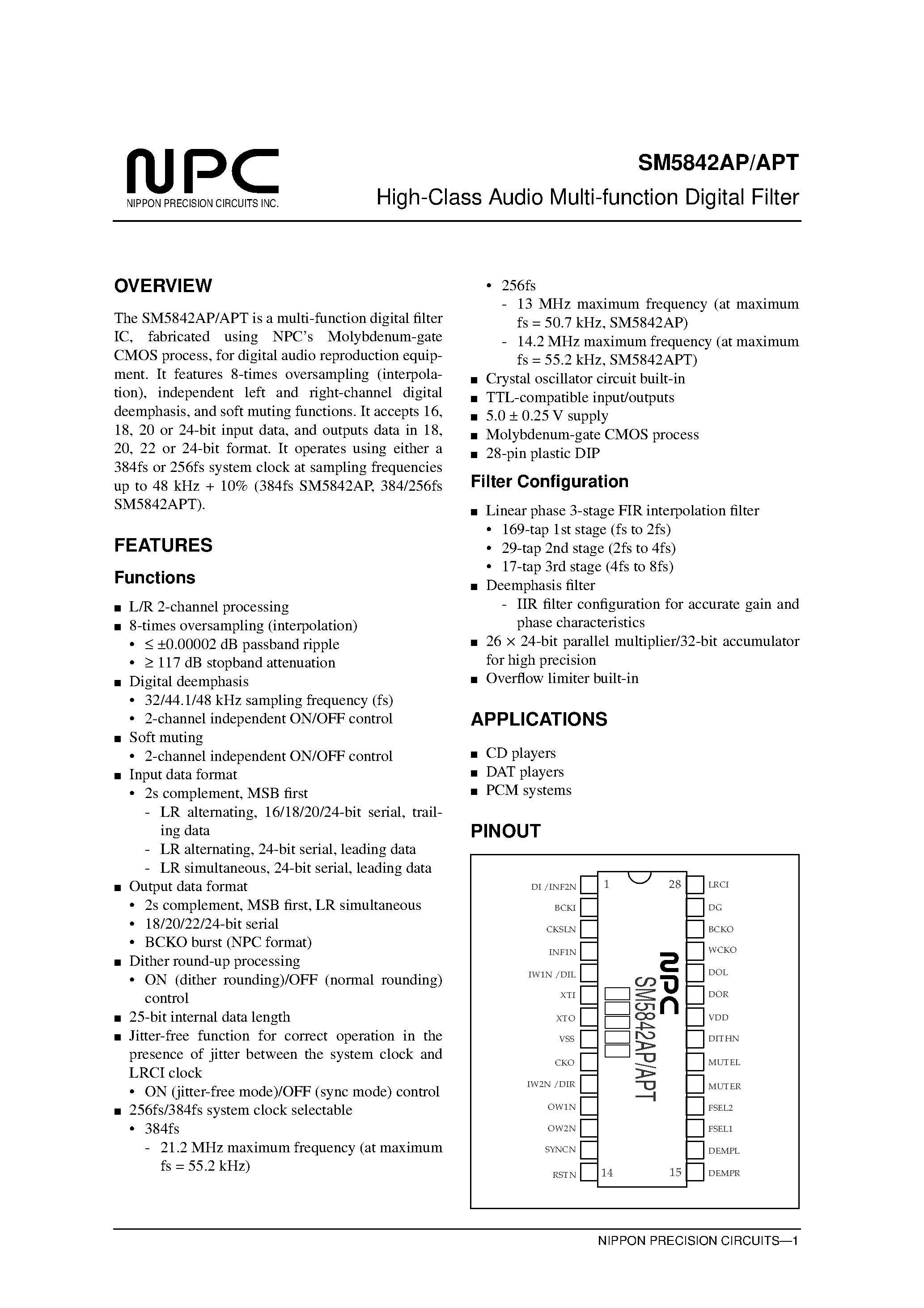 Datasheet SM5842 - High-Class Audio Multi-function Digital Filter page 1