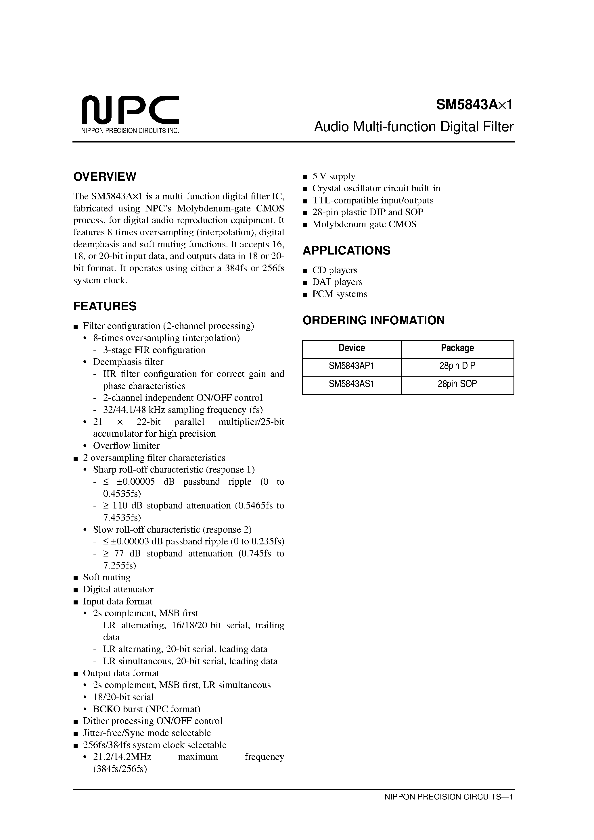Datasheet SM5843AS1 page 1 Datasheet SM5843AS1 - Audio Multi-function Digital Filter page 1