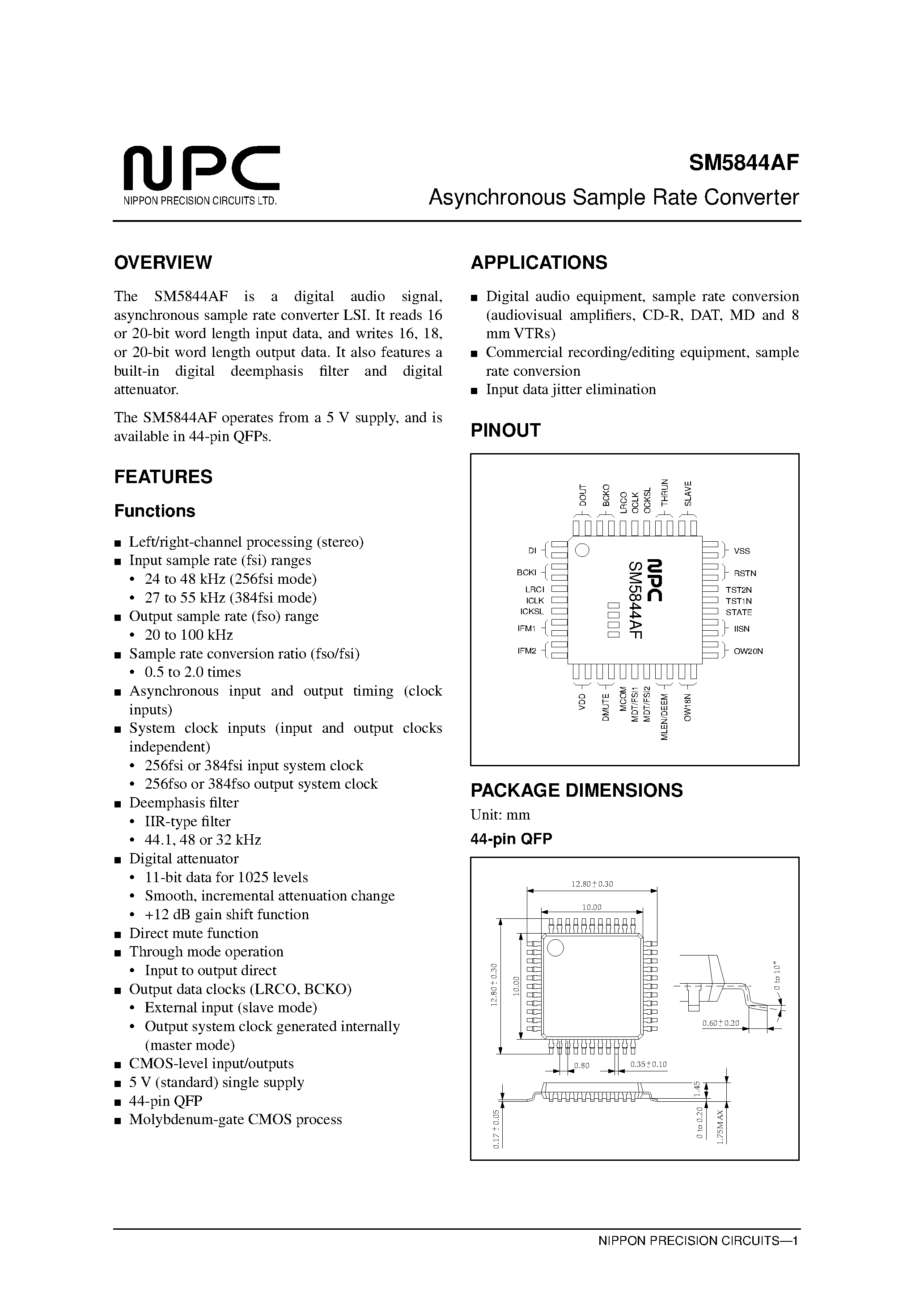 Datasheet SM5844 page 1 Datasheet SM5844 - Asynchronous Sample Rate Converter page 1