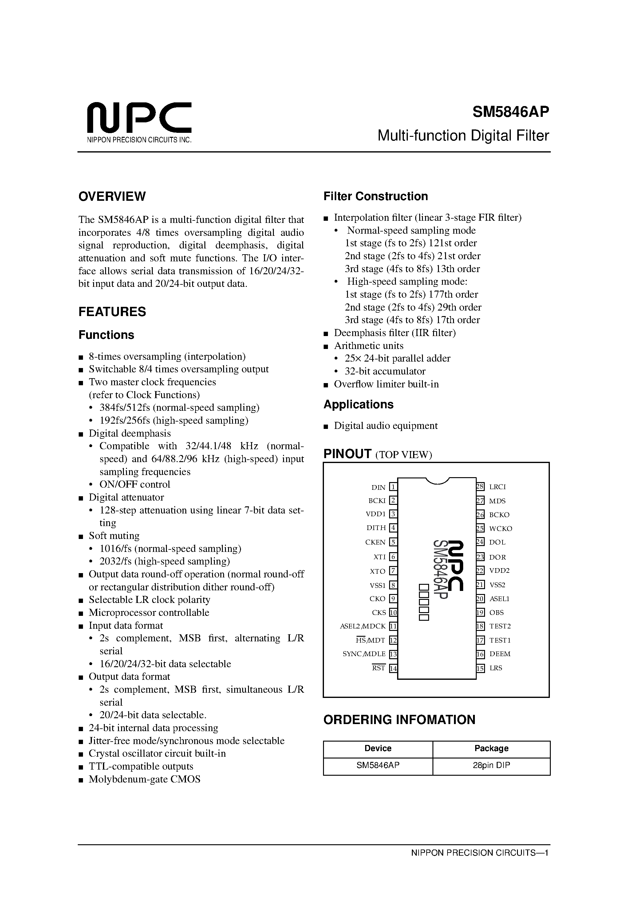 Datasheet SM5846AP page 1 Datasheet SM5846AP - Multi-function Digital Filter page 1