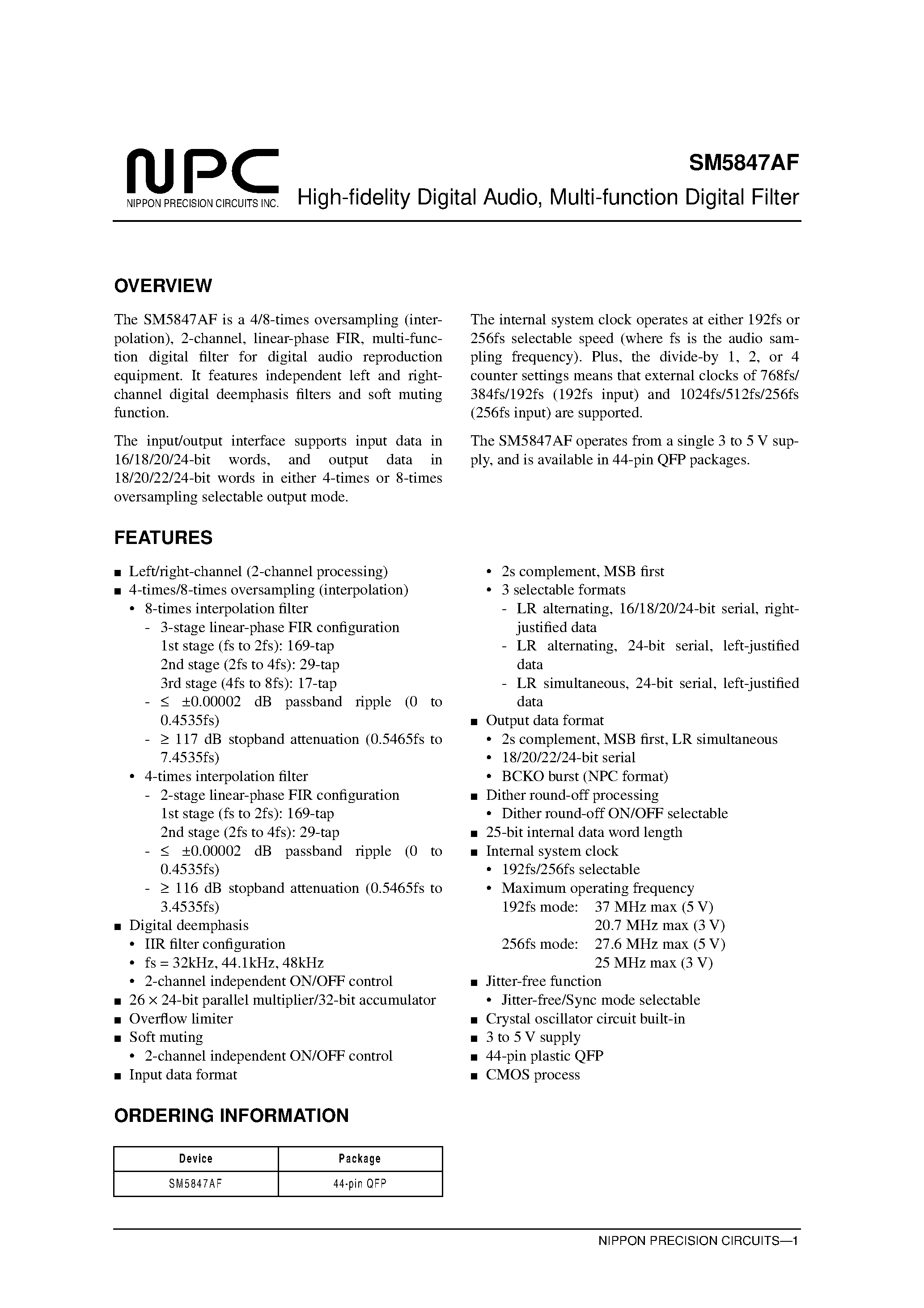 Datasheet SM5847AF - High-fidelity Digital Audio/ Multi-function Digital Filter page 1